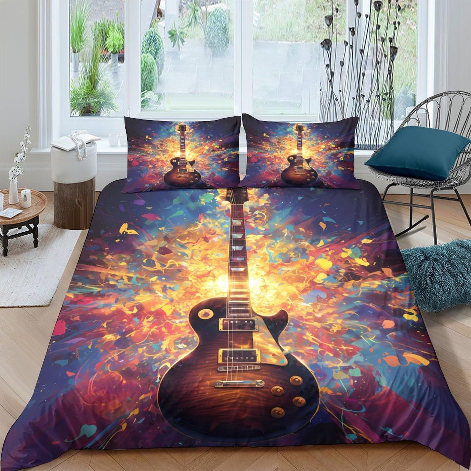 Ctjqhvkz Style-3 3D Printed Electric Guitar Fitted Sheet Microfiber Colorful Abstract Bed Cover For Bedroom Guest Room Mattress Protection Single（135X200cm）