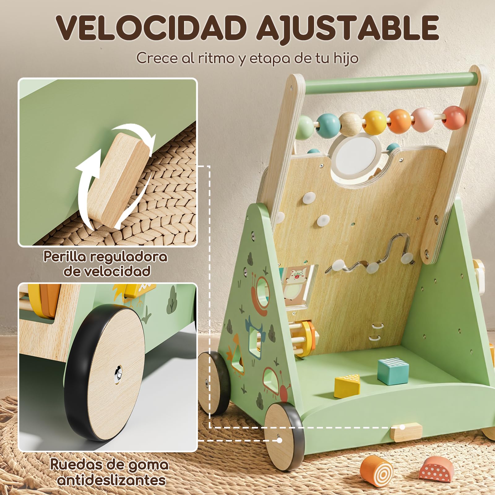 Andador Bebes, Ajustable Caminador Bebe de Madera con Busy Board Montessori, Baby Walker para Niña Niño, Regalo Bebé 1 Año