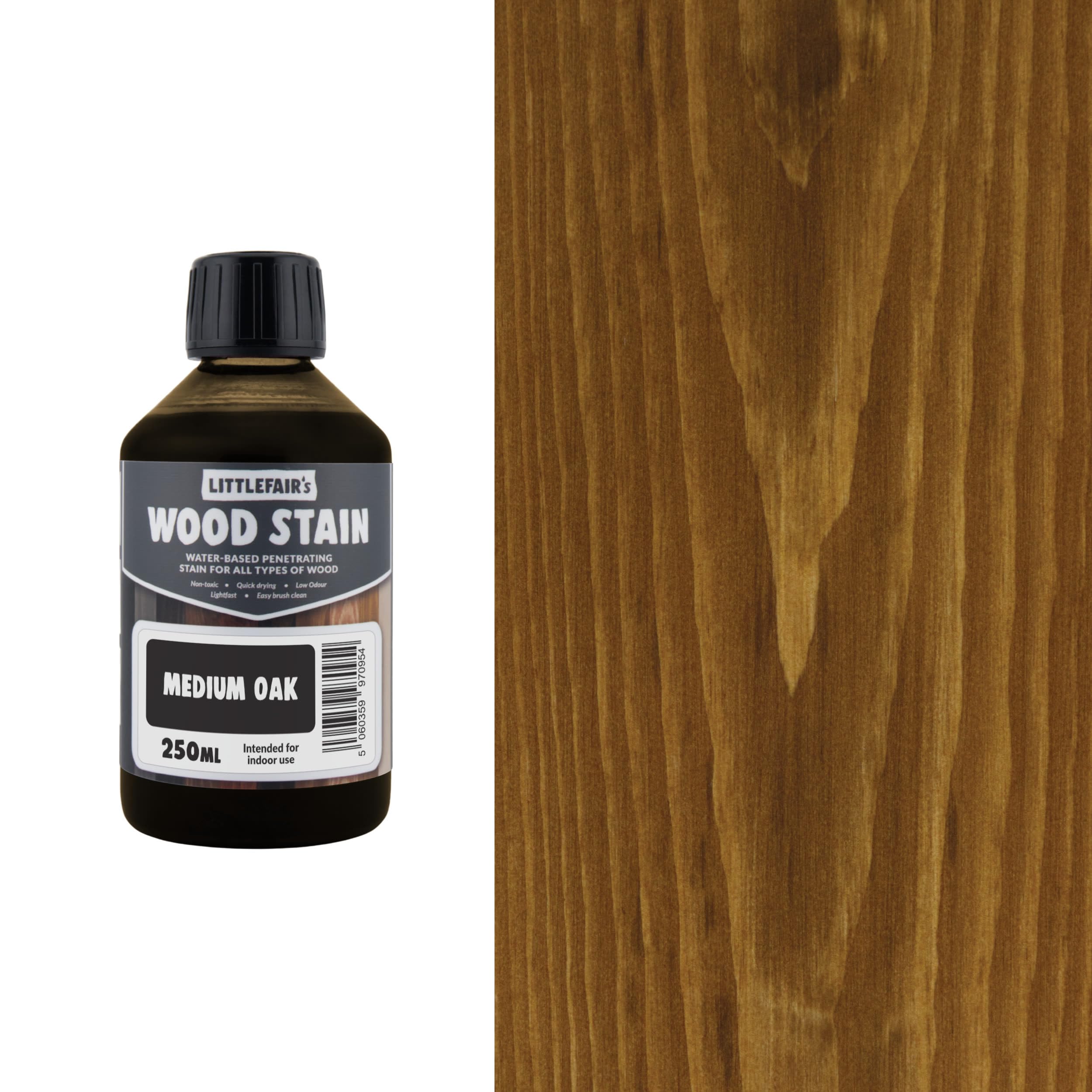 Littlefair'sWood Stain Water-Based - (Medium Oak) – Non-Toxic, Eco-Friendly & Quick Drying - Easy-to-Apply, Concentrated Formula for All Wood Types – 250ml - Bottle Design or Outer Cover May Vary