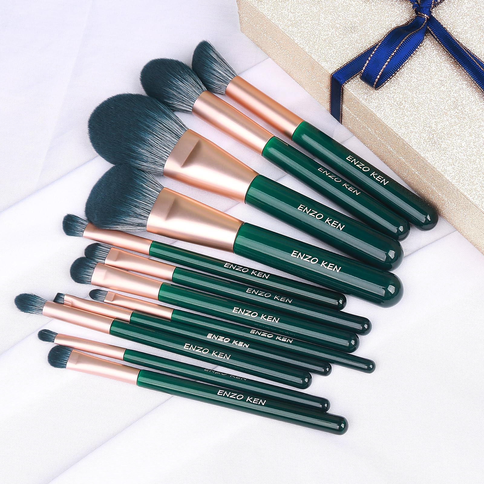 ENZO KEN Juego de Brochas de Maquillaje de Fibra Natural y Pelo de Cabra Professional, Set de Brochas de Maquillaje para Pelo Combinado con Bolso de Mano, Brochas Verde de Pelo Natural.