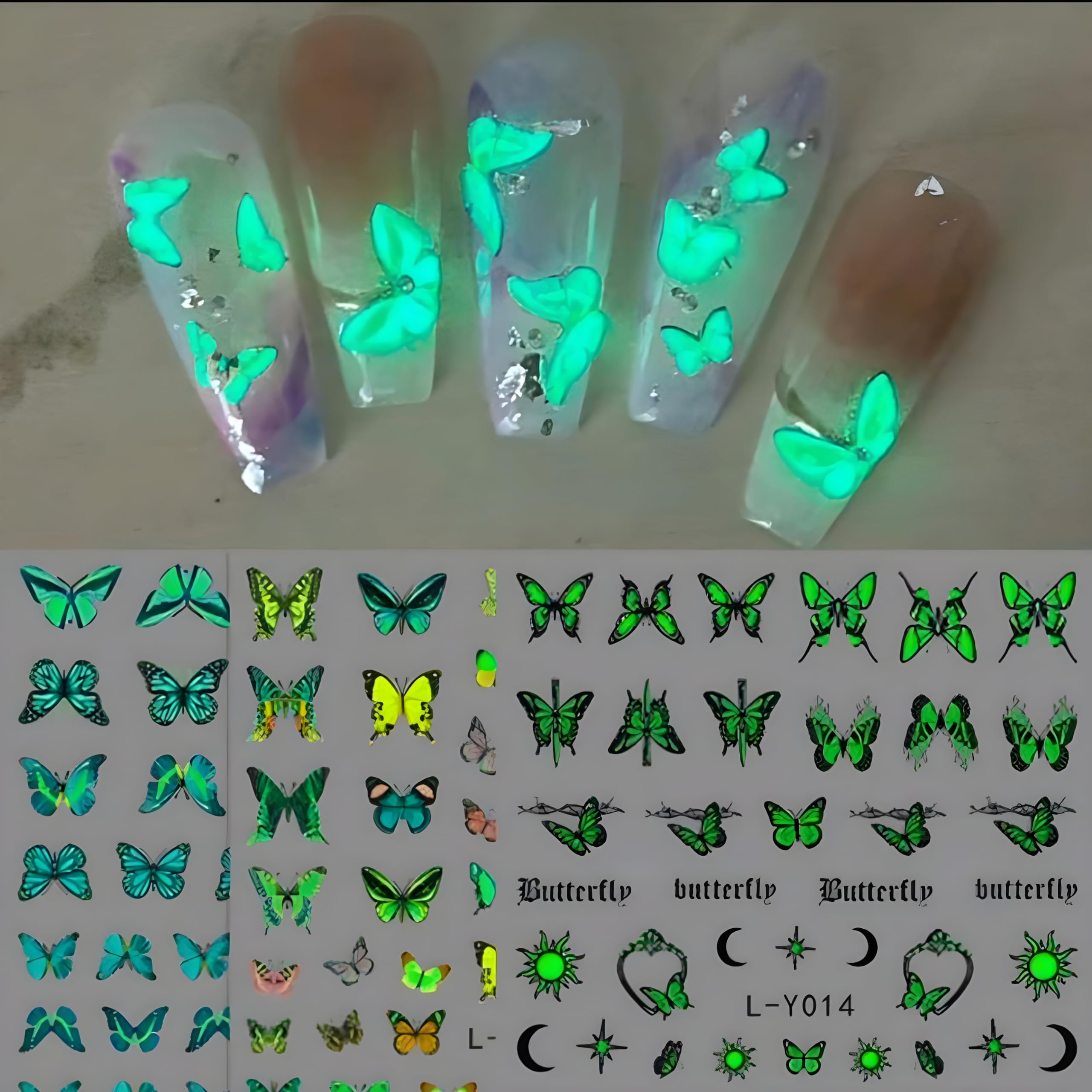 3 Sheets Butterfly Luminous Nail Art Stickers 3D Glow-in-the-Dark - Luminous Nail Decals for Women - Self Adhesive