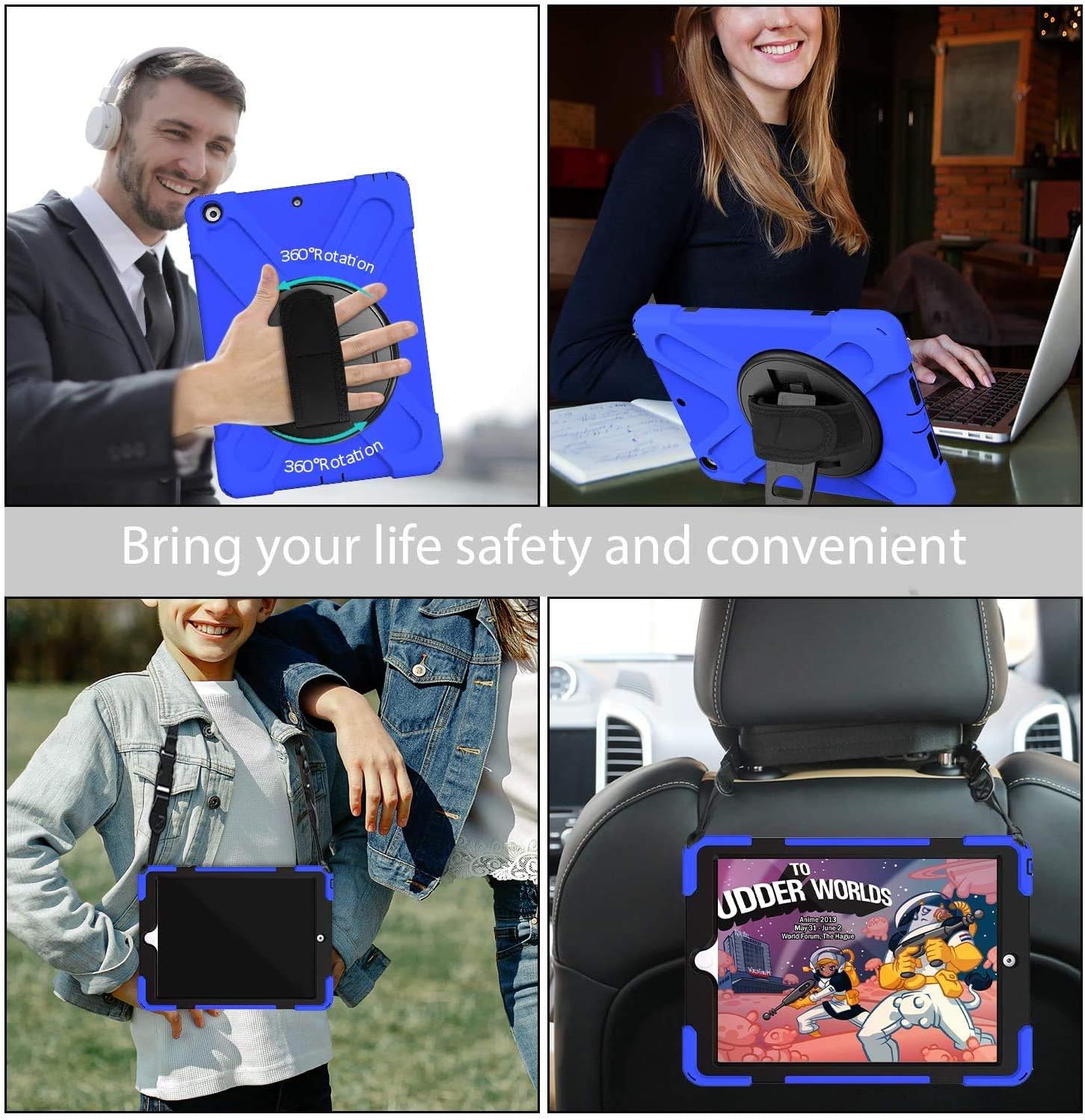 🔥 Gerutek iPad 10.2 8th / 7th Generation Case with 9H Temper Glass Screen Protector, Rotating Kickstand, Hand/Should Strap, Heavy Duty Shockproof Full Body Drop Protective Case for iPad 10.2, Blue