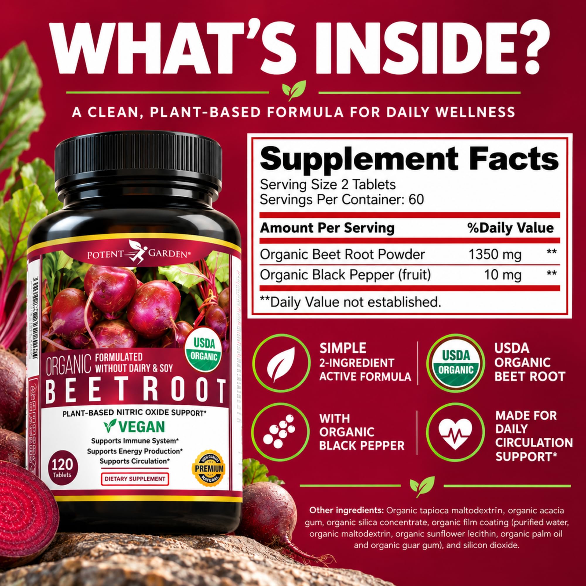 Potent Garden Organic Beet Root Tablets 1350 mg with Black Pepper – Nitric Oxide Support Supplement for Circulation & Energy – Vegan, Non-GMO Beetroot Capsules Alternative – 120 Tablets — Amazon image 8