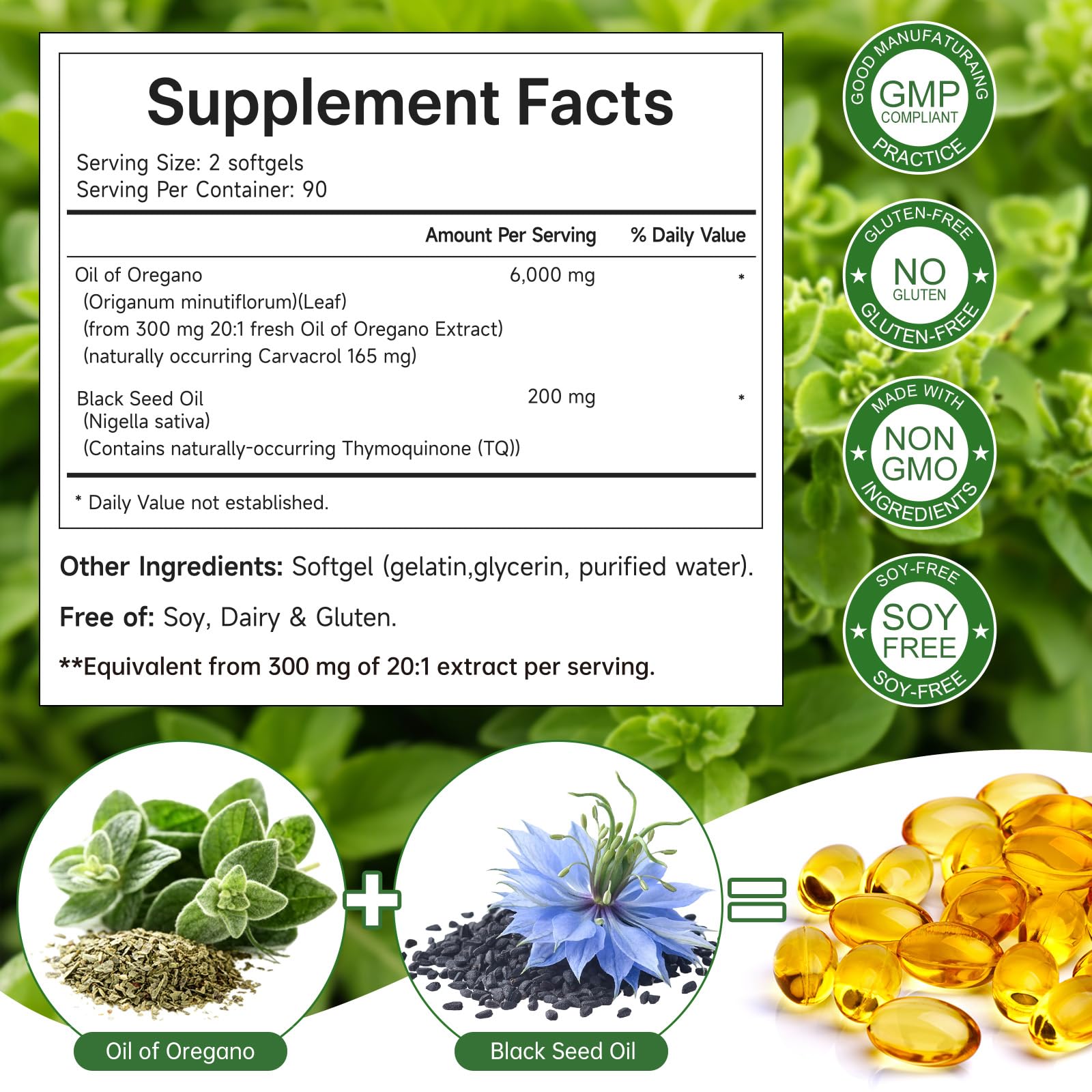 Oil of Oregano with Black Seed Oil, 180 Count Oregano Oil Capsules with 4X Strength of Carvacrol and Thymoquinone, Non-GMO, Natural Herbal Health Supplement — Amazon image 2
