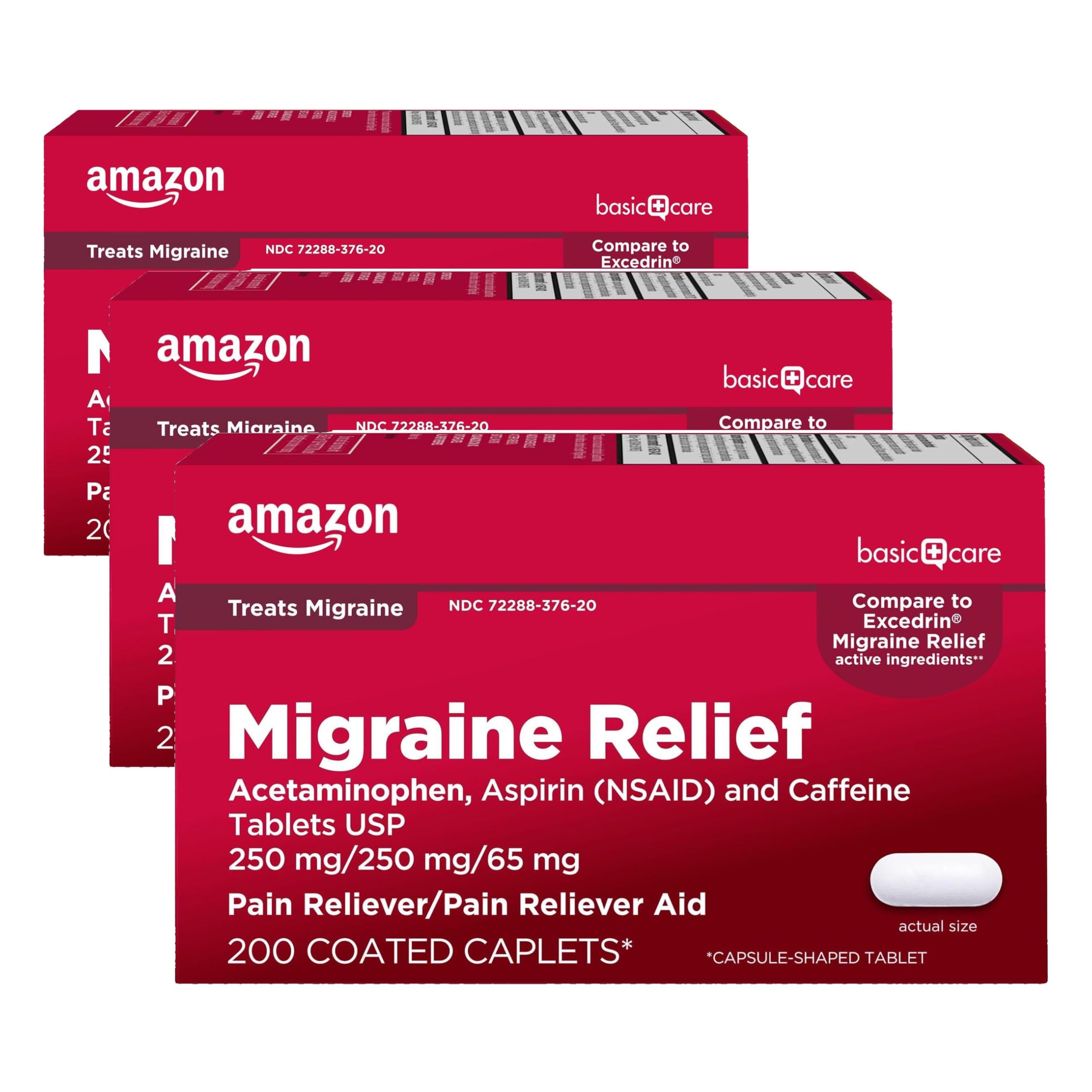 Amazon Basic Care Migraine Relief Acetaminophen, Aspirin (NSAID) and Caffeine Tablets, Pain Reliever/Pain Reliever Aid, 200 Count (Pack of 3)