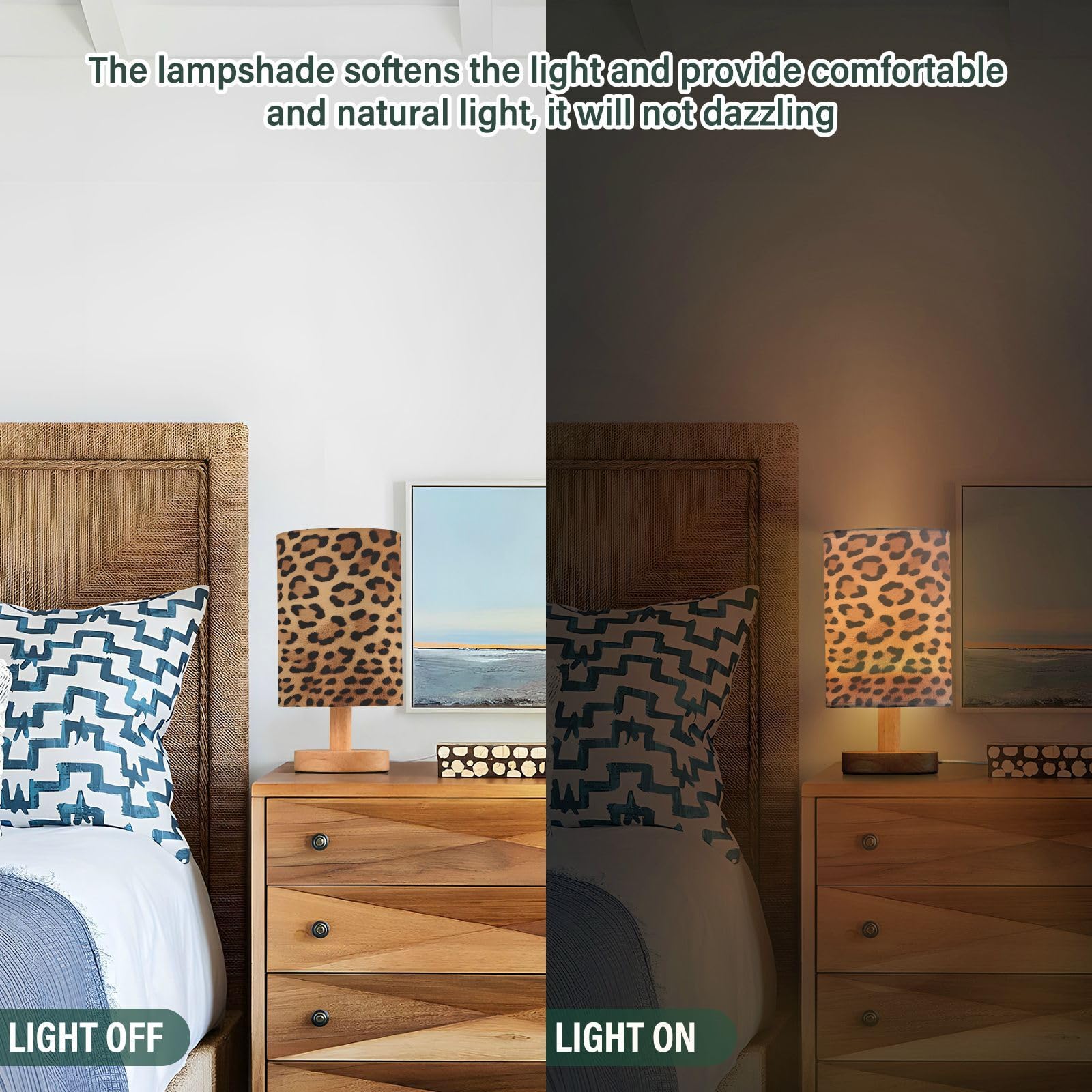 Lampa biurkowa LED USB z nadrukiem lamparta, mała lampka nocna z antypoślizgową drewnianą podstawą, cień, do salonu, sypialni, akademika, stylowe i funkcjonalne oświetlenie