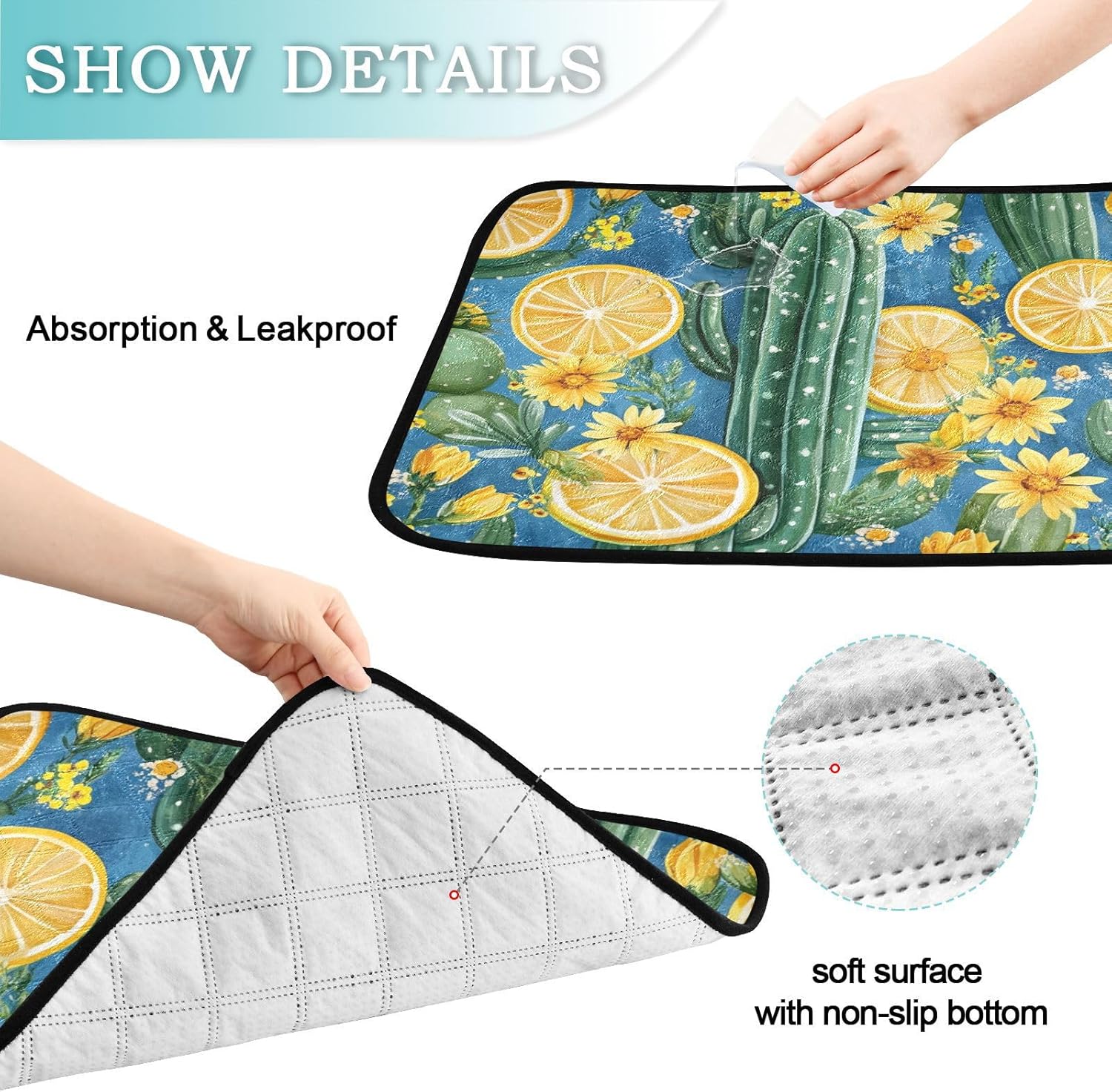 Blue Cacti Lemon and Wildflowers Washable Pee Pads for Dogs Reusable Puppy Pad 3Pack Super Absorbent Non Slip Lightweight Protect Small Pet Pads Couch Playpen Housebreaking 20x24in