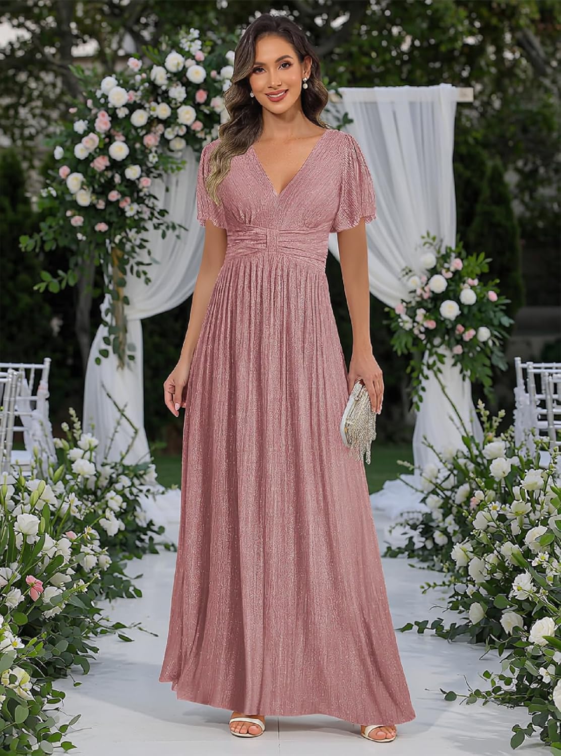 Sparkly Mother of The Bride Dresses for Wedding Women's V-Neck Pleated Formal Dress