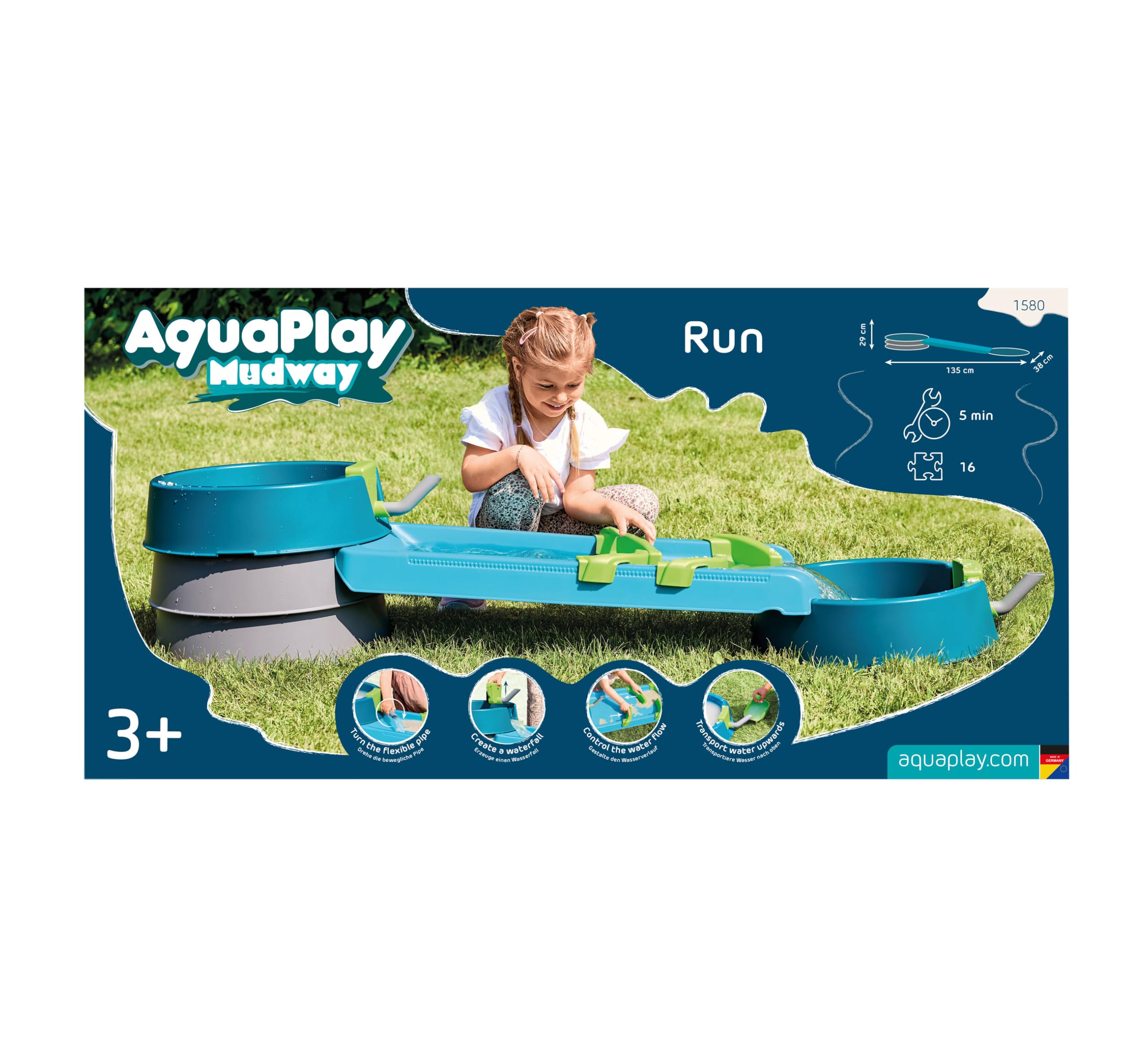 AquaPlay Mudway Run - kombinierte Wasser- und Sandspielbahn, 1,5m Wasserbahn mit Schleusen, Becken und Schiebern, flexibles Stecksystem, wetterfestes, naturverbundenes Outdoor-Wasserspiel, ab 3 Jahren