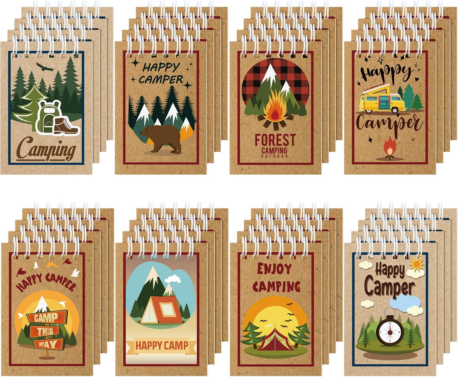 Eaasty 32 Pack Camp Adventure Theme Notepads Mini Spiral Notebook Tiny Notebook Camping Journal Pocket Notebook for Kids Camping Party Favors Writing Drawing Note Taking, 2.4 x 3.5 Inch (Rustic)