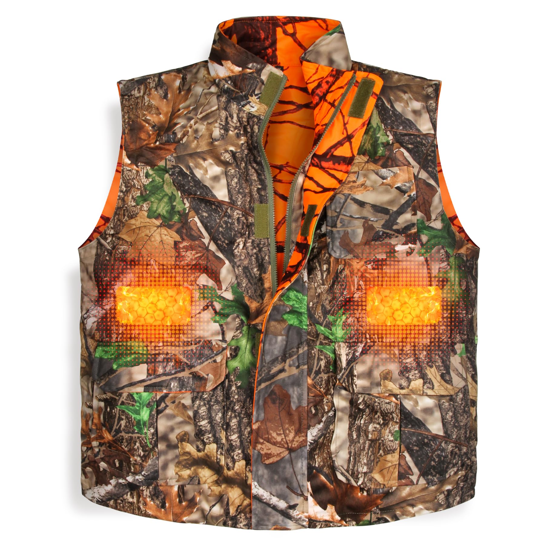 GUGULUZA Gilet riscaldato reversibile mimetico e arancione per caccia, gilet di sicurezza per giochi di riscaldamento leggero per escursionismo