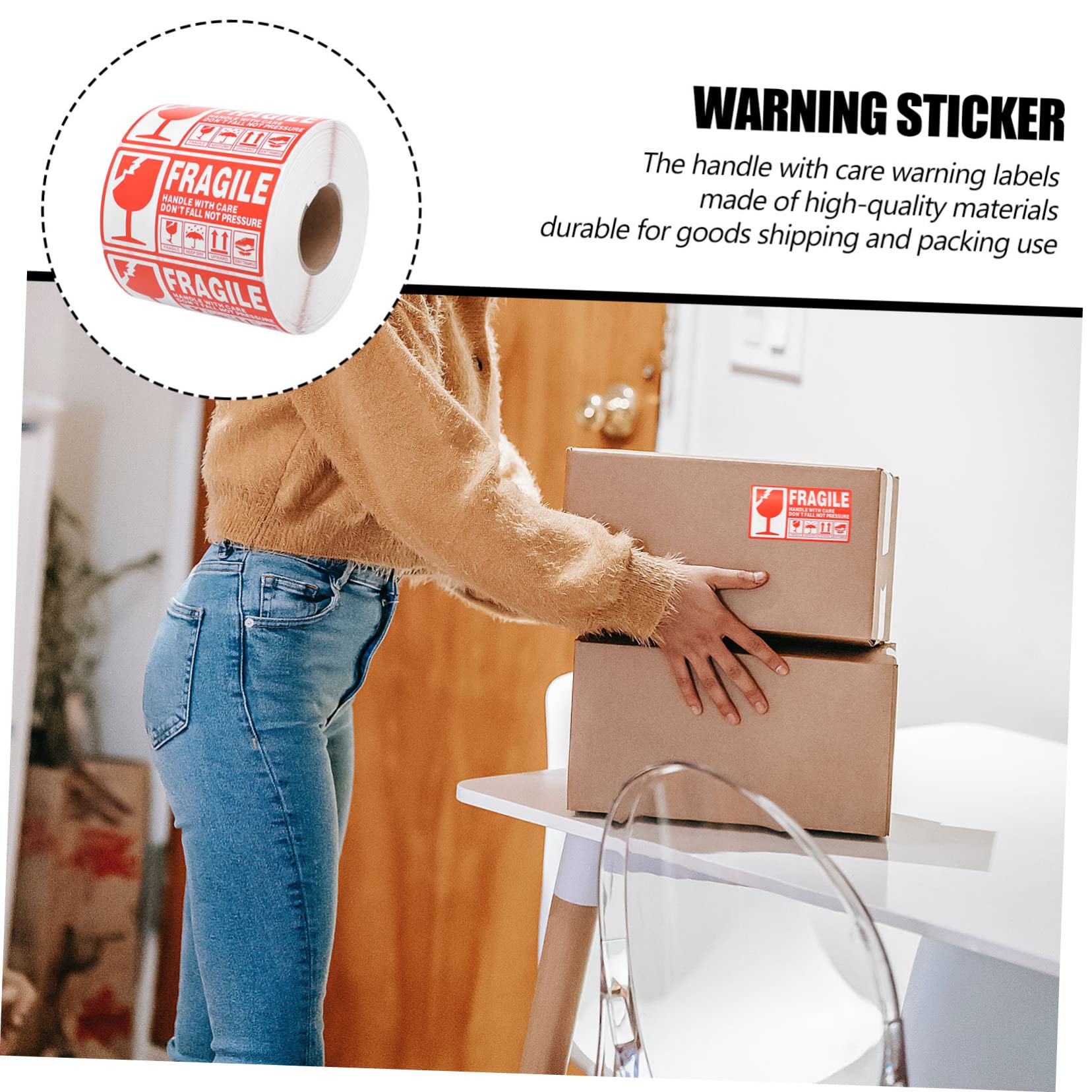 VILLCASE Etichette Adesive Fragile per Spedizione 90x50mm Rotolo 1000 Pezzi Adesivo Maneggiare con Cura per Imballaggi Cartoni Pallet Fusti Plastica Acciaio