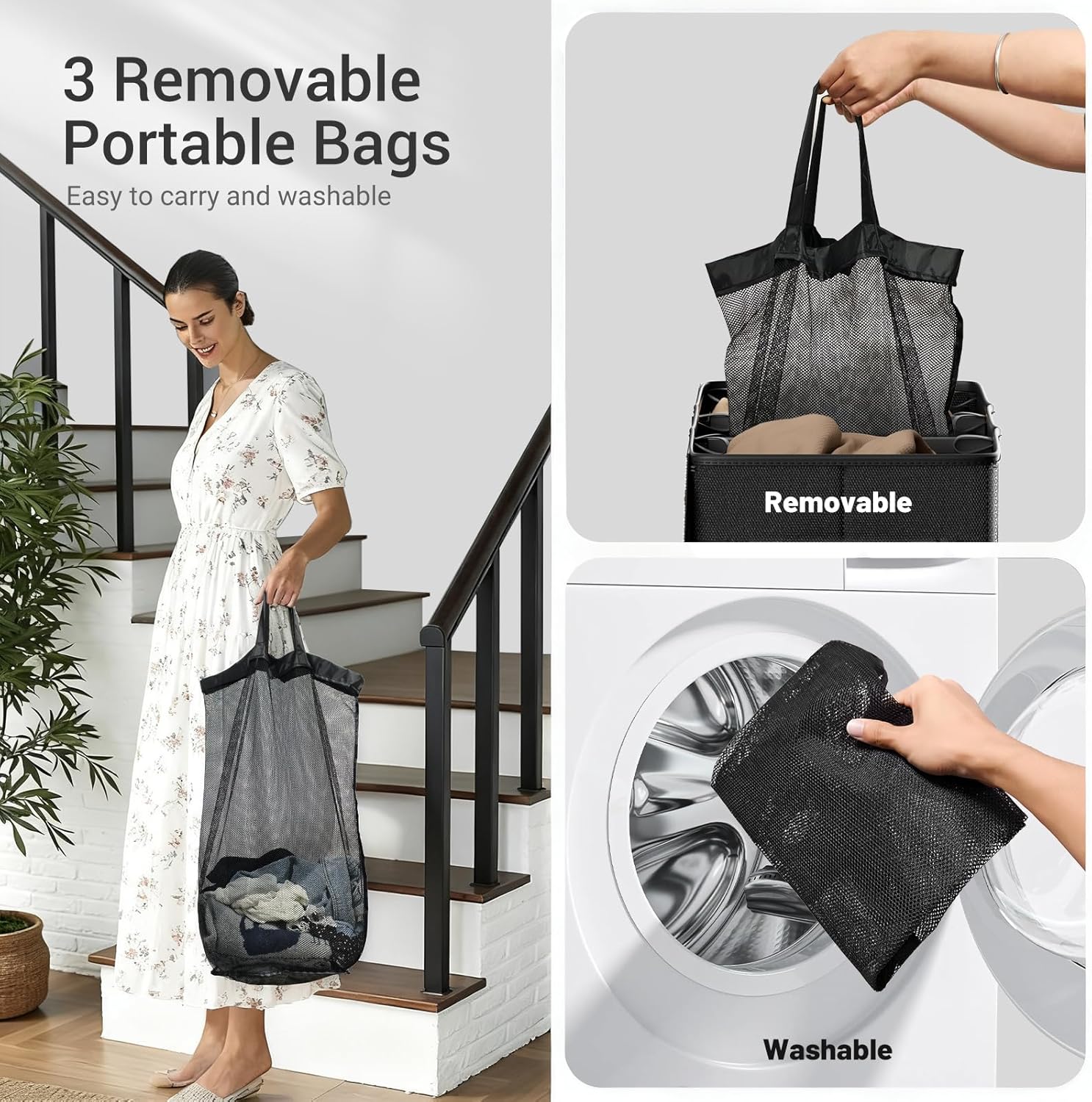 185L Laundry Hamper 3 Section with Lid, Black Dirty Clothes Hamper with 3 Removable Laundry Bags, Large Laundry Basket for Bedroom, Laundry Room, Dorm