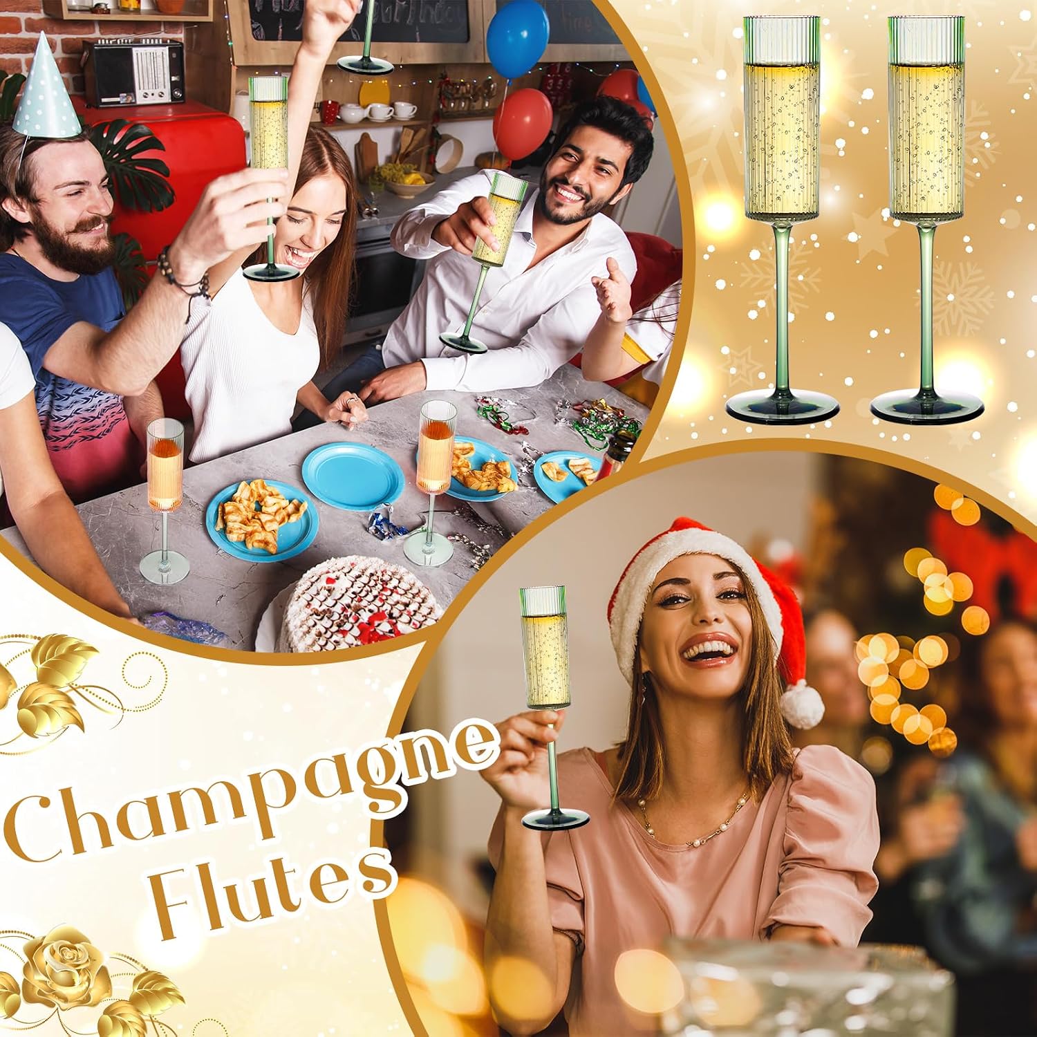 24 Pcs Green Champagne Flutes 6 oz Ribbed Plastic Champagne Glasses with Long Stem Crystal Disposable Cocktail Cups for Party, Wedding, Birthday (Green)