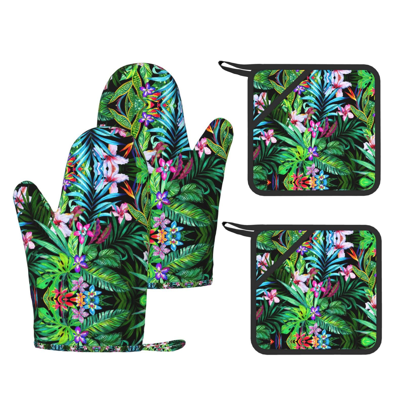 Colorful Tropical Leaf Fashion Printed Kitchen Kit with Heat Resistant Oven Mitts & Non-Slip Hot Pads for Baking