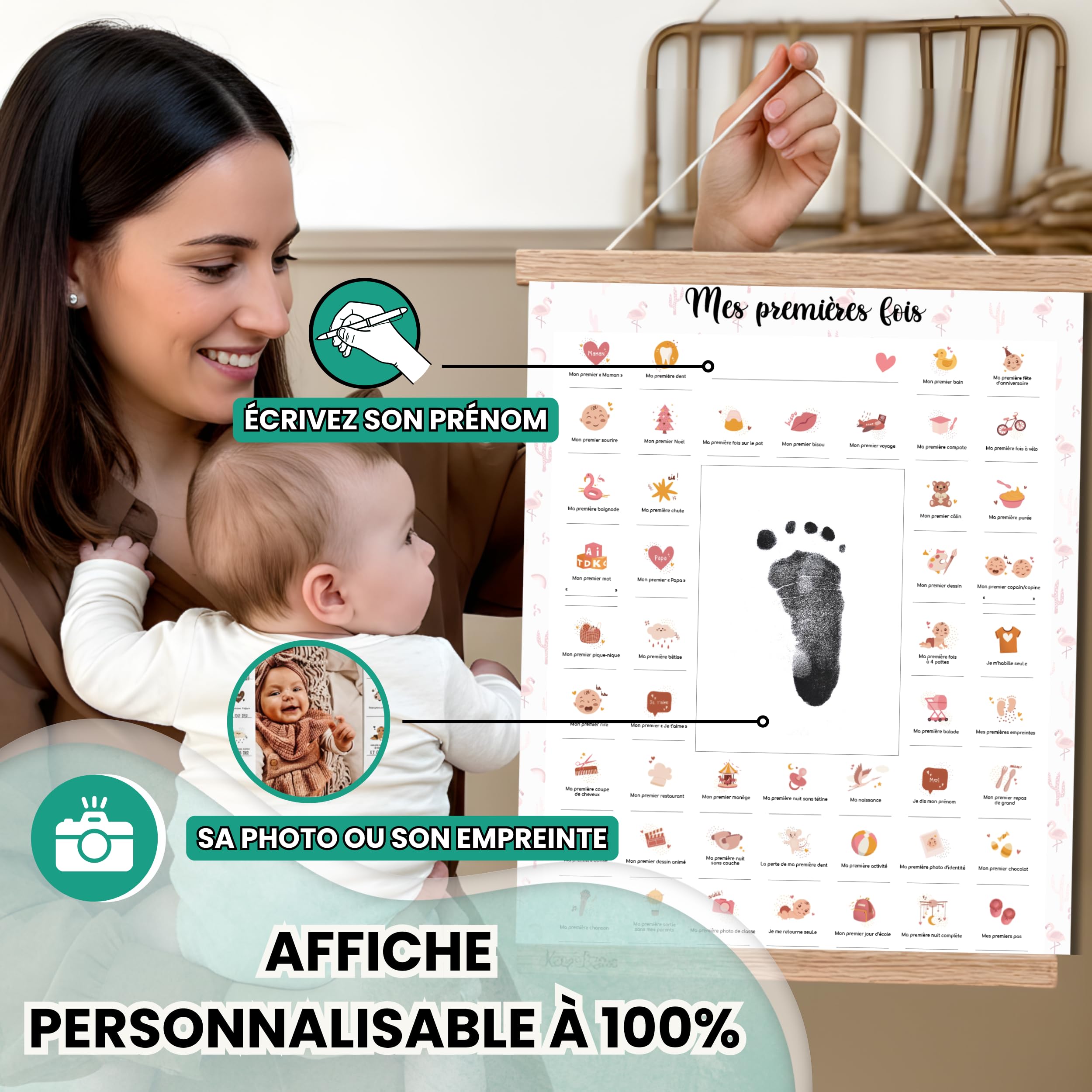 Affiche "Mes Premières Fois" à Tamponner, Cadeau de Naissance Bébé, Souvenir, Decoration Chambre Bebe, Baguettes, Kit Empreinte Bébé, Cadeau Jeune Maman, Grand Format A3 (Modèle FLAMANT ROSE)