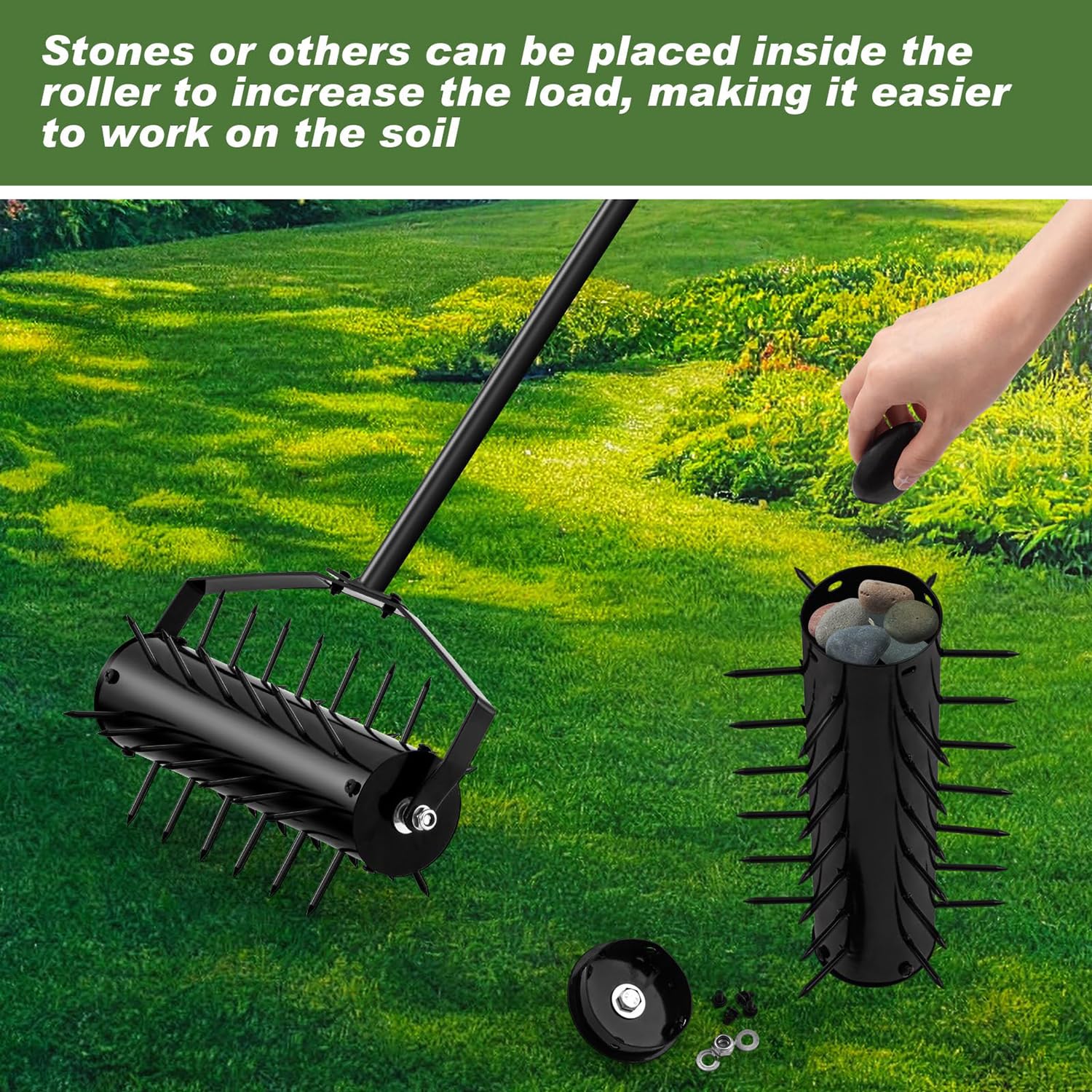 Aérateur de pelouse Roulant de Jardin, Rouleau à Gazon Manuel Robuste de 40 cm avec poignée Amovible de 120 cm, Outil de pelouse de Jardin à Dents rotatives en Acier Robuste pour Jardin, Cour