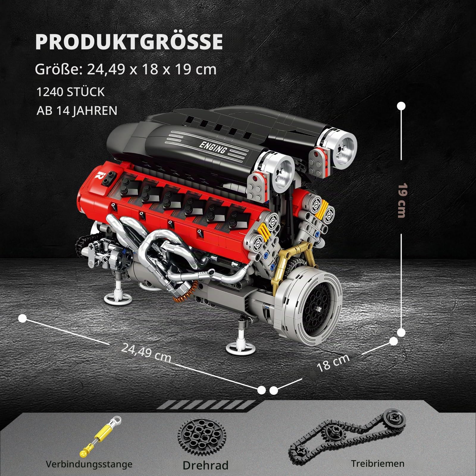 V12 Motor Bausatz für Erwachsene, 65° V-Winkel Motorisiertes Funktionierendes Modellbausatz Motor, Mechanisches Technik Konstruktionsspielzeug zur Ausstellung, Geschenk für Auto-Enthusiasten