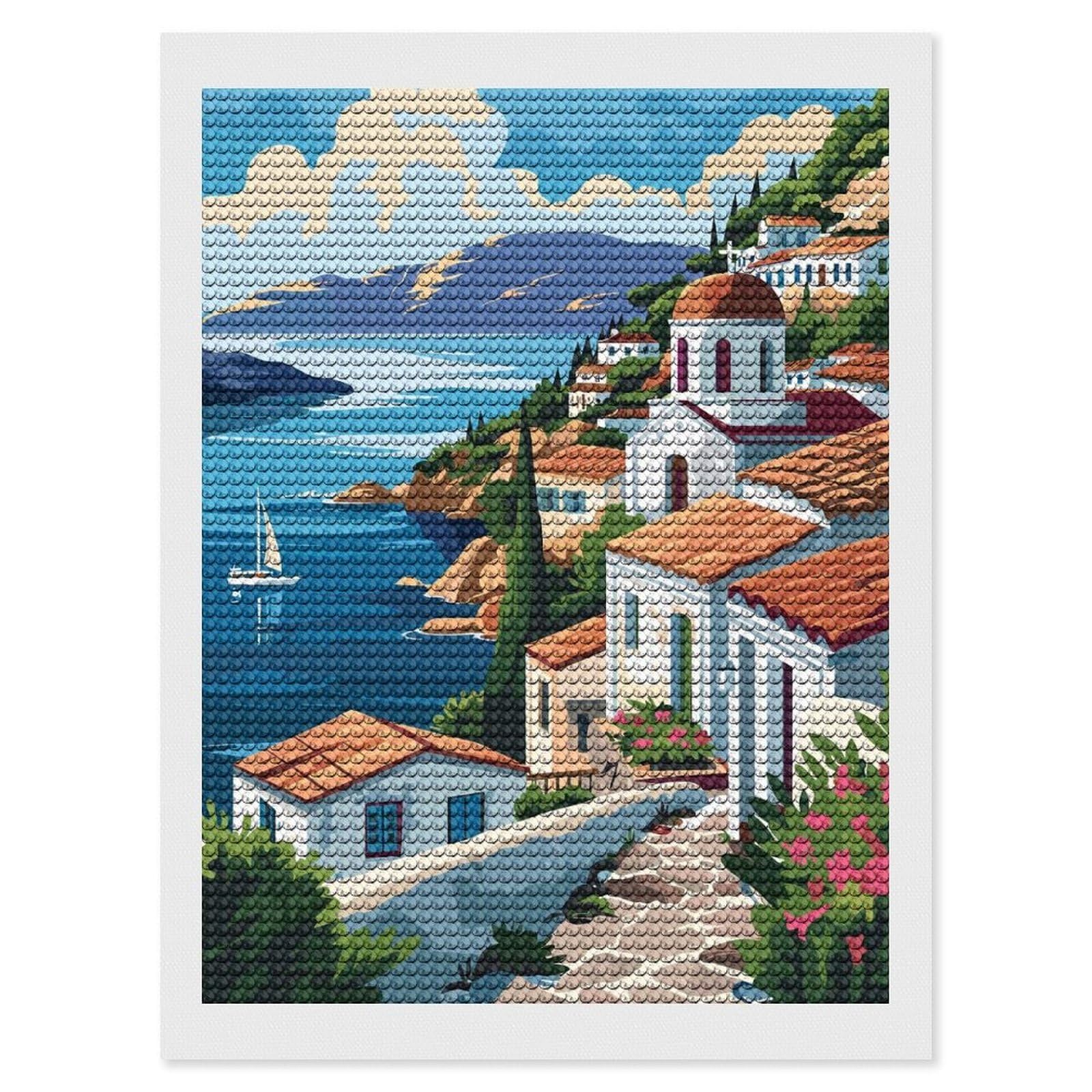 Junmoney Greek Island Landscape Diamond Painting Kit 12"x16", Easy Handmade Project, Cosy Home Accent, for Craft Lovers, Holiday Gift Idea