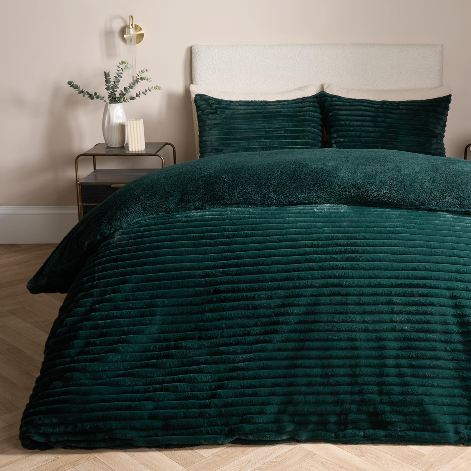 Ohs Forest Green Teddy Ribbed Double Bed Cover, Winter Bedding Super Soft Warm Fluffy Quilt Covers With Pillowcases Fluffy Bedding Double Reverse Fur Fleece Duvet Covers