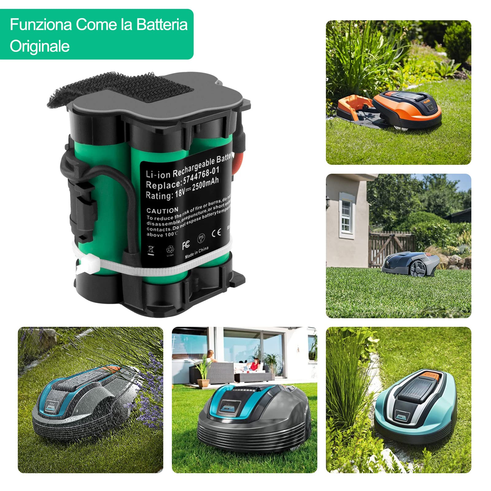 18V 2500mAh 5744768-01 Batteria per Gardena 124562 R38Li R50Li R75li Mahroboter R40Li R45Li R70Li R80Li Flymo 1200R Husqvarna Automower 105 305 McCulloch ROB R600 R800