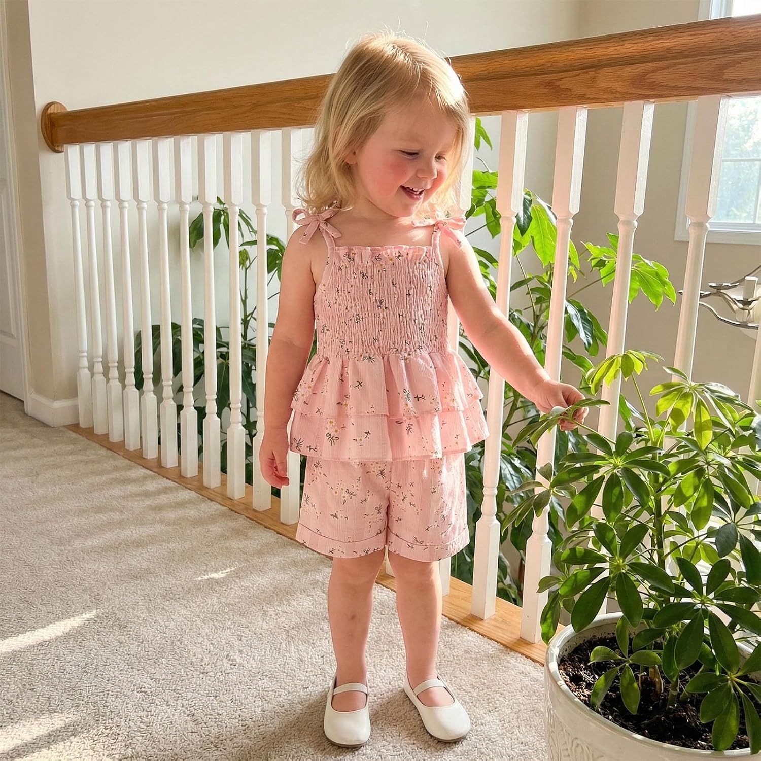Amnnchya Toddler Baby Girl Clothes Floral Smocked Sleeveless Ruffle Camisole Dress Matching Flower Shorts Summer Clothes Set