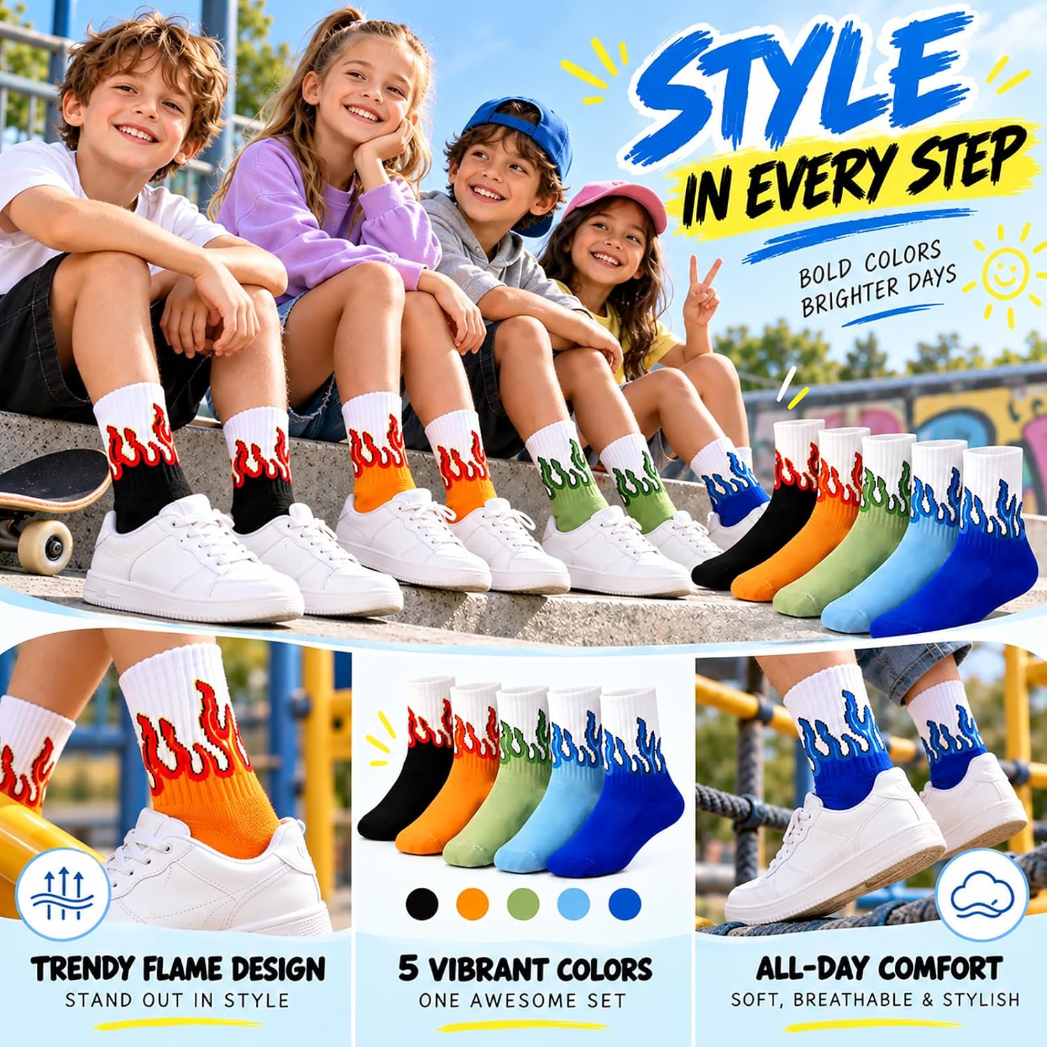5 Pairs Kids Flame Socks for Boys, Colorful Fire Pattern Crew Socks