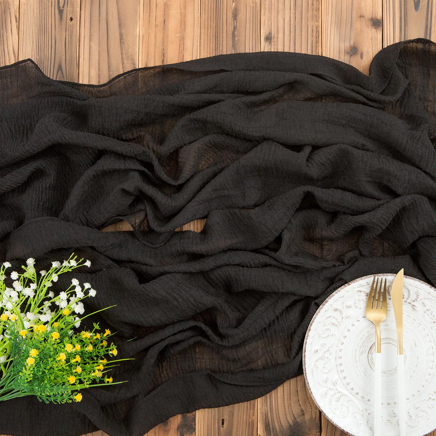 AOKSUNOVA Käsetuch Tischläufer Musselin Hochzeit Dekostoff Schwarz