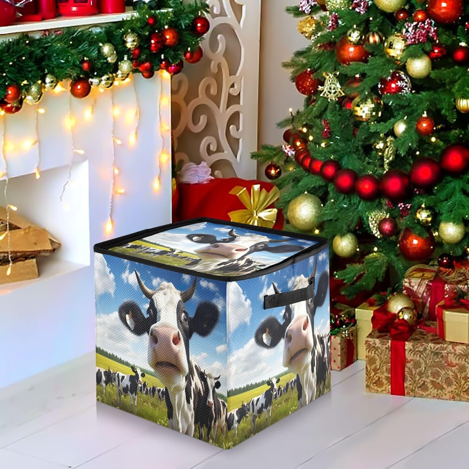 Funny Cow 13 Inch Christmas Ornament Storage Box with Lid - Holiday Decor Storage Containers, Stores 64 Ornaments, 3 Inch Cube Compartments