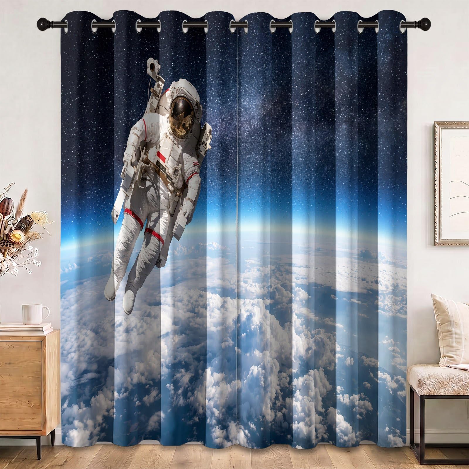 Espacio moderno azul blanco cortina opaca con ojales, 140 x 245 cm