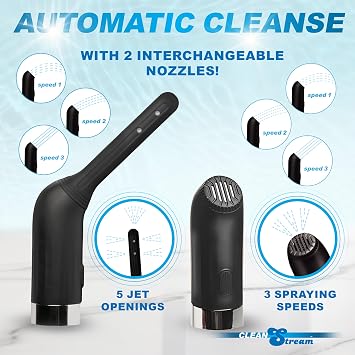Clean Stream Automatic Enema Set for Beginners, Men, Women, Couples. Travel Enema and Bidet. Two Attachments and Three Levels. Weighted Hose and Bottle. Rechargeable. 5 Pieces, Black & Clear.