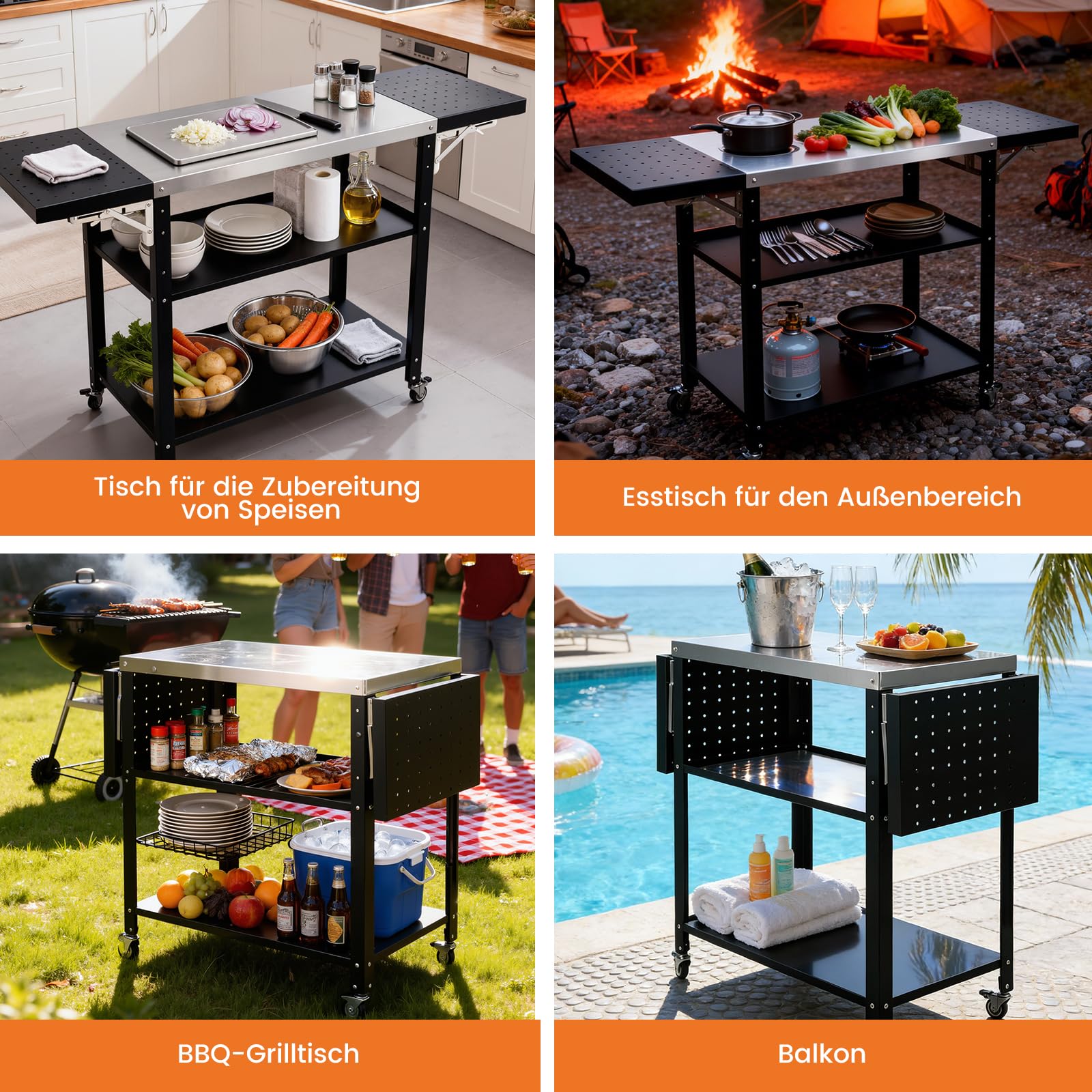 Gourmet Grilltisch Klappbar Servierwagen 3 Etagen Küchenwagen, Edelstahl Grillwagen Beistelltisch Outdoorküche mit Rollen, Mobiler Tischplatte für Garten Grill Camping Außenbereich