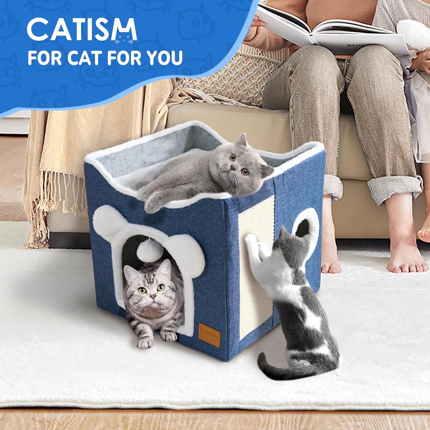 CATISM Cat Bed for Indoor Foldable Cube Cat House Indoor Multifunctional Large Cat Cave with Scratch Board and Fluffy Ball for Pets, 15.7 * 15.7 * 15inch, Blue 4 81YfbJ+nNlL. AC SL1500