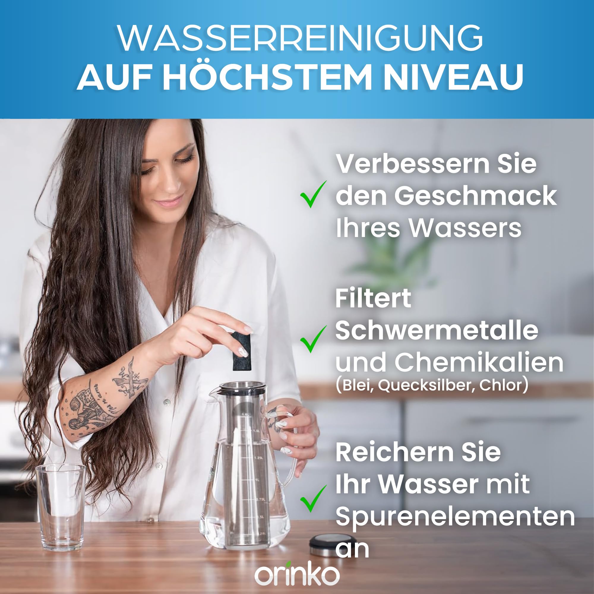 ORINKO® 1,6L Glaskaraffe mit Binchotan Aktivkohle Wasserfilter - Karaffe mit Fruchteinsatz für Erfrischende Getränke - Umweltfreundlicher Wasserfilter für Gesunde Hydration