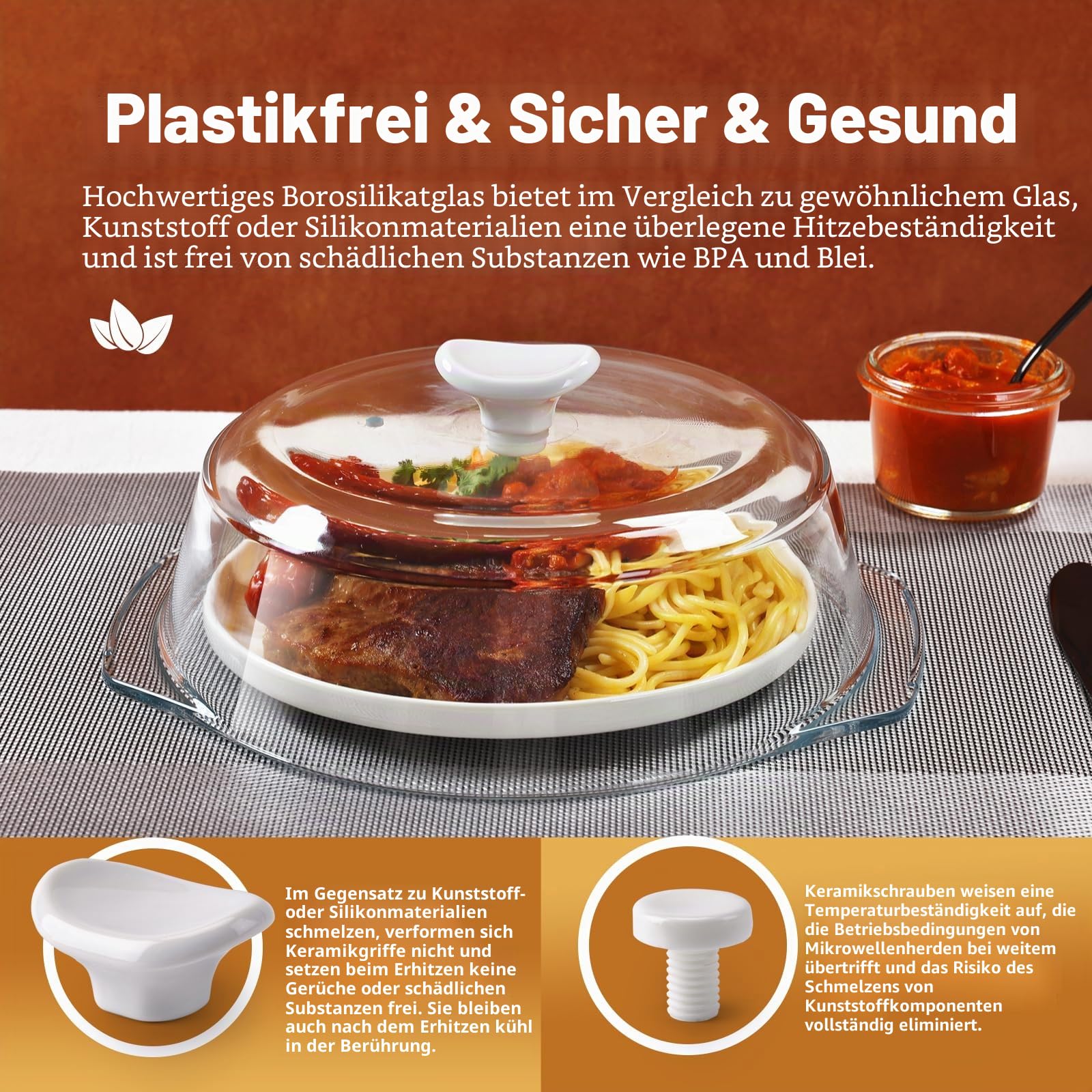 Glas-Mikrowellen-Abdeckung für Lebensmittel, mit Keramikgriff und Schraube | Plastikfrei, 100 % lebensmittelecht, BPA-frei, spülmaschinenfest