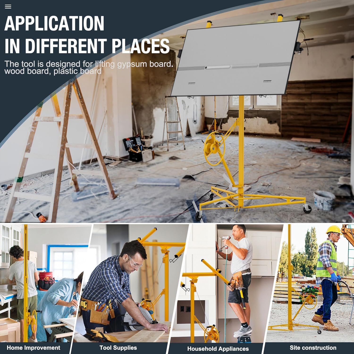 11 ft Drywall Lift, 150 LB Capacity, Heavy Duty Sheetrock Panel Hoist with Telescoping Arm, 360° Rotating & 60° Tilting Cradle, Adjustable Drywall Lifter for Ceilings & Walls, Yellow