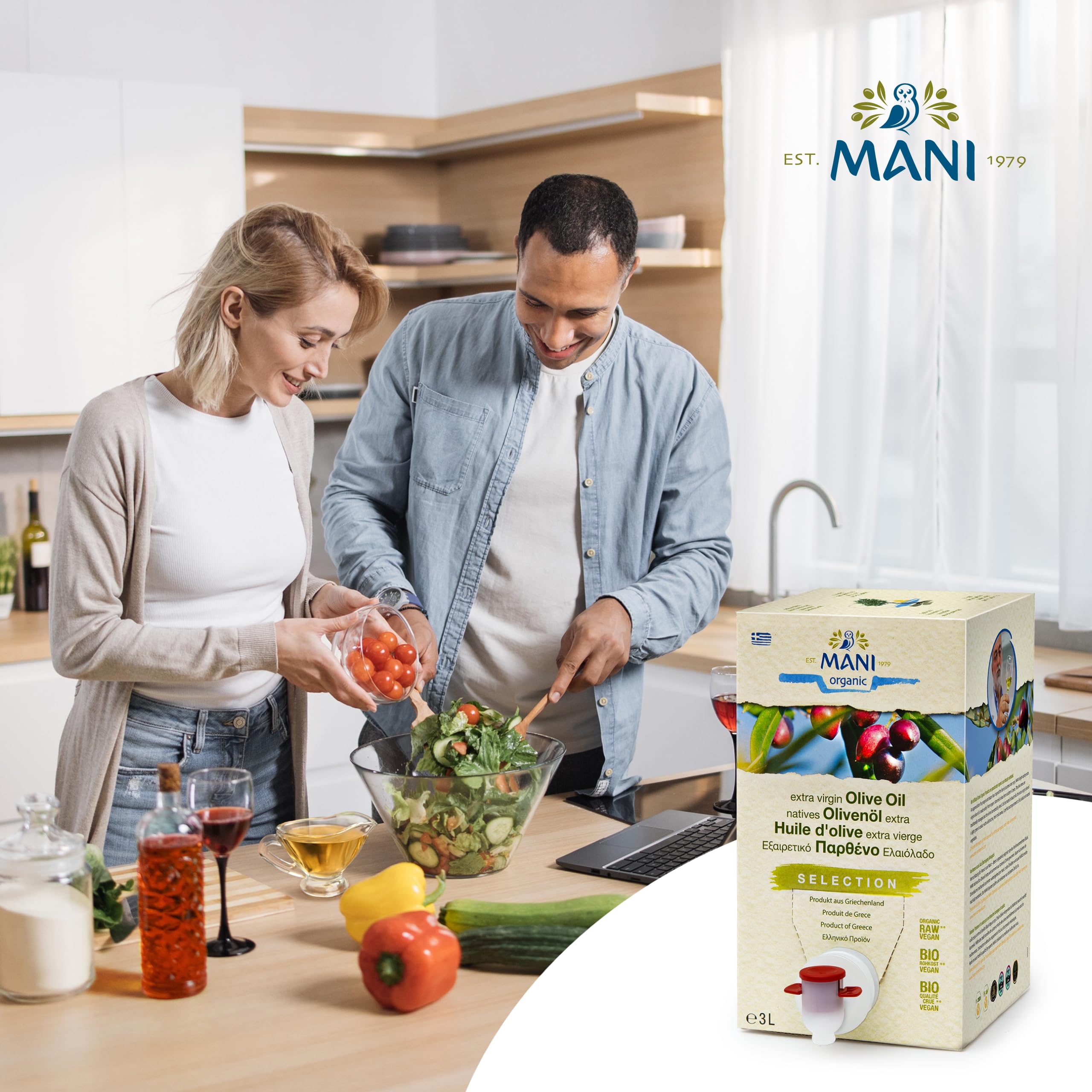MANI Bio Olivenöl Nativ Extra 3L – Premium Griechisches Olivenöl kaltextrahiert aus Koroneiki Oliven, naturbelassen – Extra Virgin Olive Oil aus Griechenland mild-fruchtig – vegan & nachhaltig