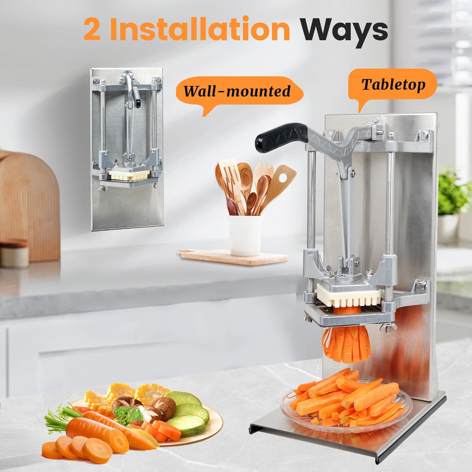 BIEAMA Commercial French Fry Cutter with 4 Replacement Blades, 1/2", 3/8", 1/4", 8 Wedge for Dice, Slice & Chop, Lemon Potato Cutter & Vegetable Chopper