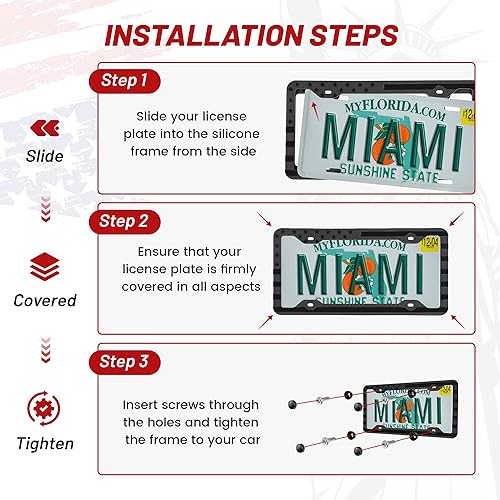 Miniatura 5 de RED WOLF Marco de silicona para placa de matrícula con bandera estadounidense, con estrellas y rayas 3D tenues, soporte para placa de matrícula