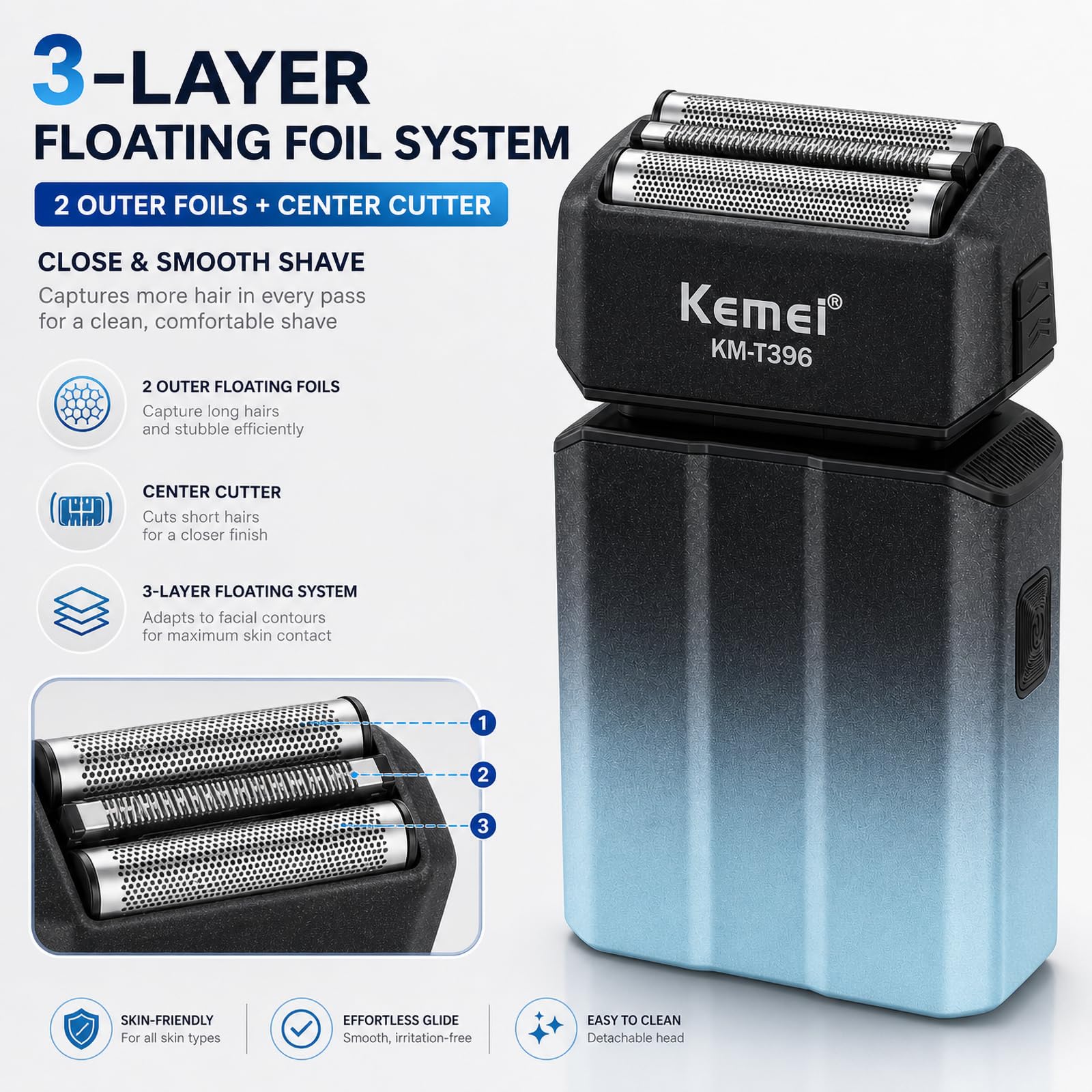 Kemei KM-T396 - Rasoio elettrico da uomo, con 3 lame galleggianti, 7500 giri/min, ricaricabile, senza fili, tipo C, durata 120 minuti, display a LED, blocco da viaggio, blu