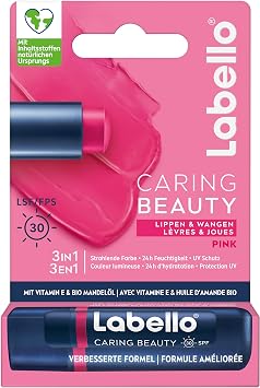Labello Caring Beauty Pink Lip Balm with Colour and Sun Protection, Coloured Lip Care with SPF 30, Vitamin E and Organic Almond Oil, Lip Balm for Lips and Cheeks 4.8 g