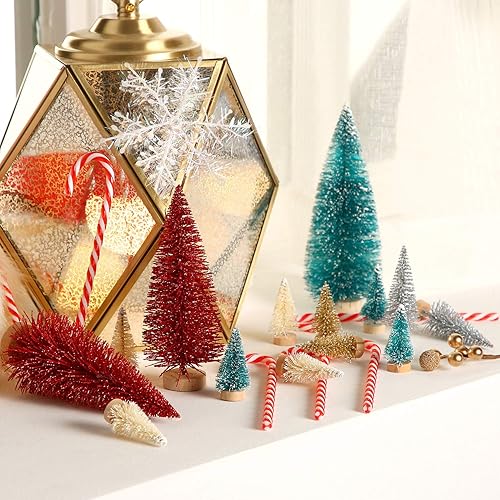 Miniatura 13 de SATINIOR 60 piezas de mini árbol de Navidad artificiales de sisal árboles de nieve, cepillo para botellas, árboles de Navidad, adornos de pinos