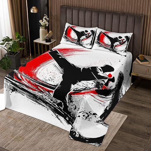 Miniatura 8 de Castle Fairy Taekwondo - Juego de colcha de tamaño Queen para niños, niñas y niños, juego de edredón de estilo japonés Kungfu, colcha negra y azul,