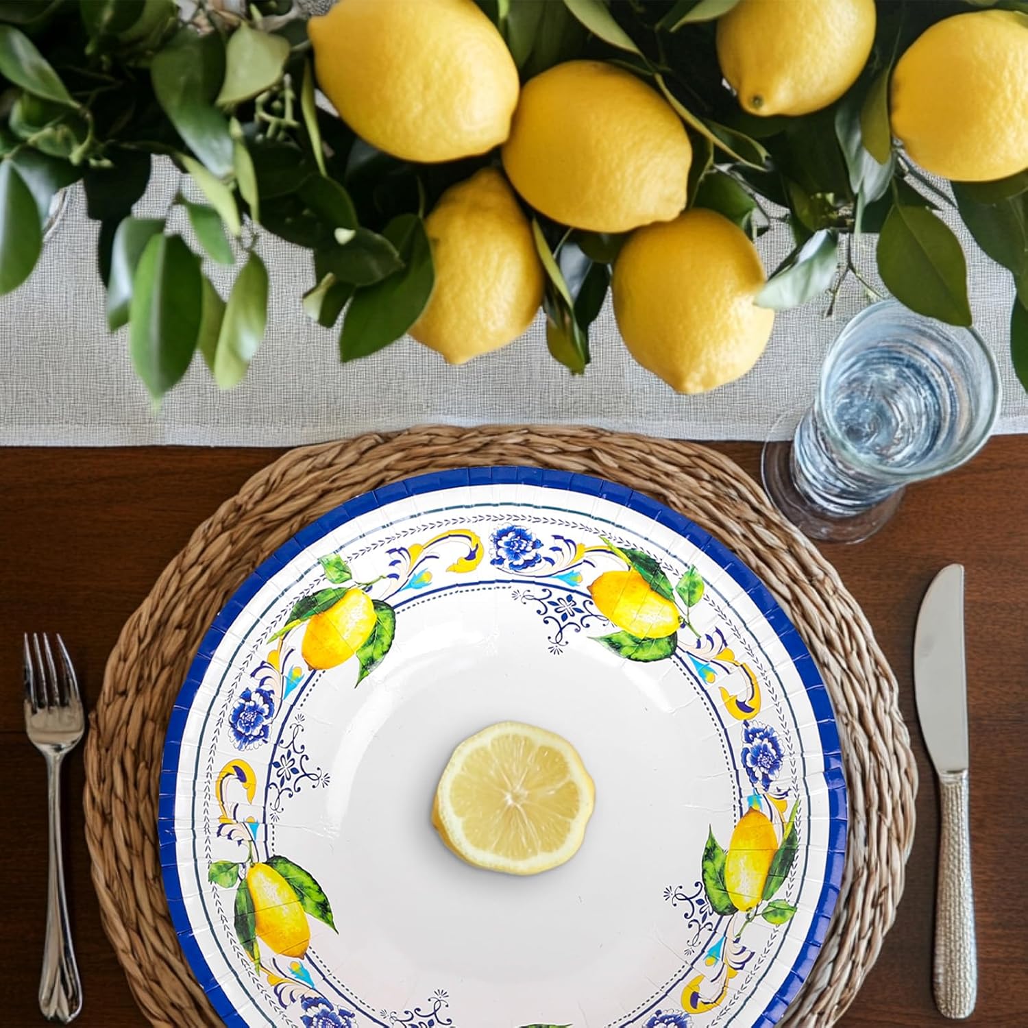 FYSUIMU 100Pcs Capri Lemon Paper Bowls Blue Floral Yellow Lemon Disposable Serving Plates Round Ice Cream Bowl for Summer Birthday Home Party Dining Table Supplies