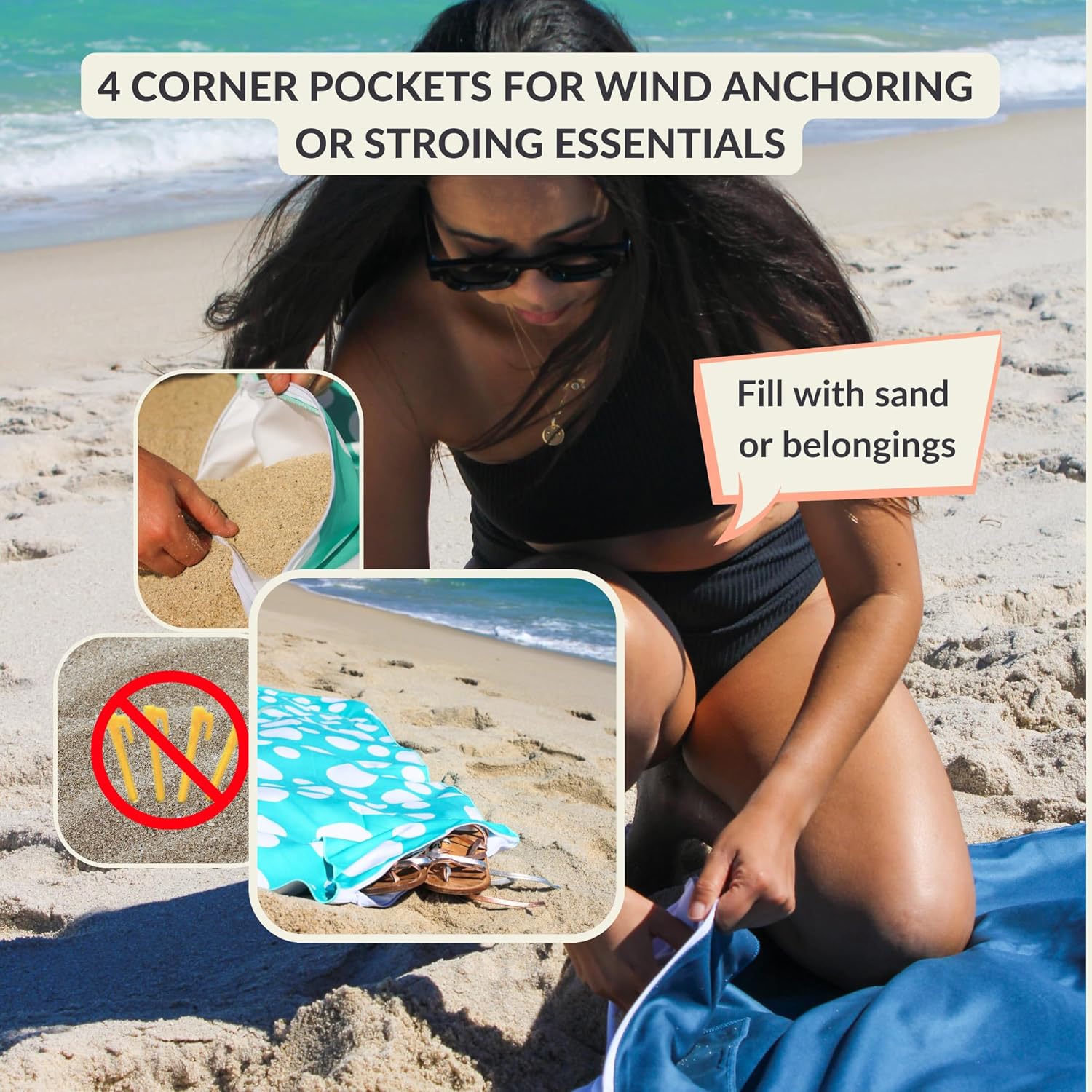 Plush Microfiber Beach Blanket, Large Beach Mat for 1-4 Persons, Sandproof, Windproof | Hole for Umbrella, Corner Sand Pockets to Fight Wind (Bag for Blanket Included)