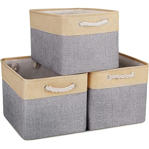 WISELIFE Baskets for Organizing [3-Pack] Collapsible Canvas Storage Bins for Toys Shoes Decorative Storage Bins for Organizing with Handles(Grey-Beige Patchwork,15" Lx11 Wx9.5 H)