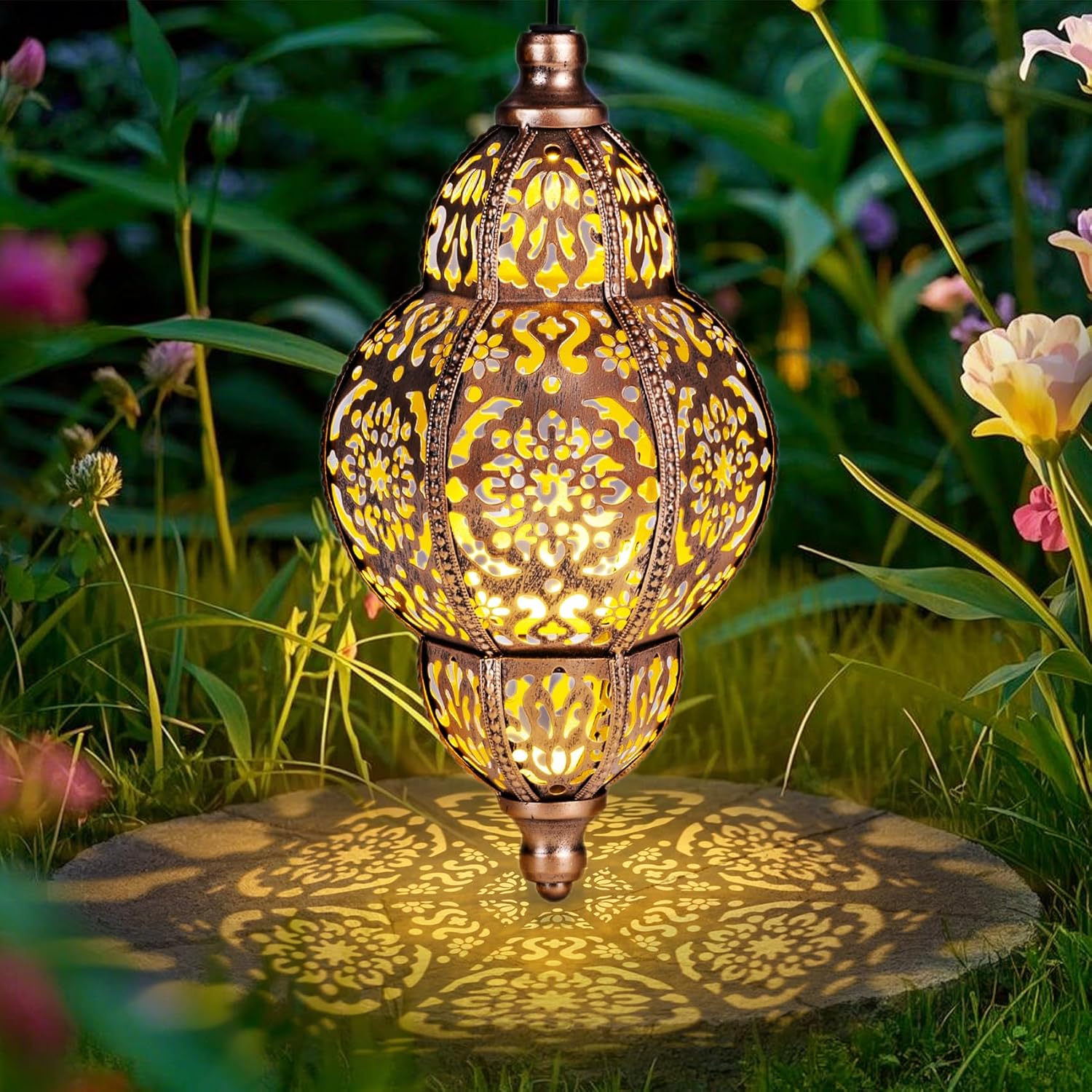 Hanging Solar Lanterns,Outdoor Garden Decor Solar Lantern Metal Moroccan Yard Art Gardening Decorative,Outside Hanging Lights Christmas Decorations for Gazebo Patio Chandelier Garden Gift - Image 2