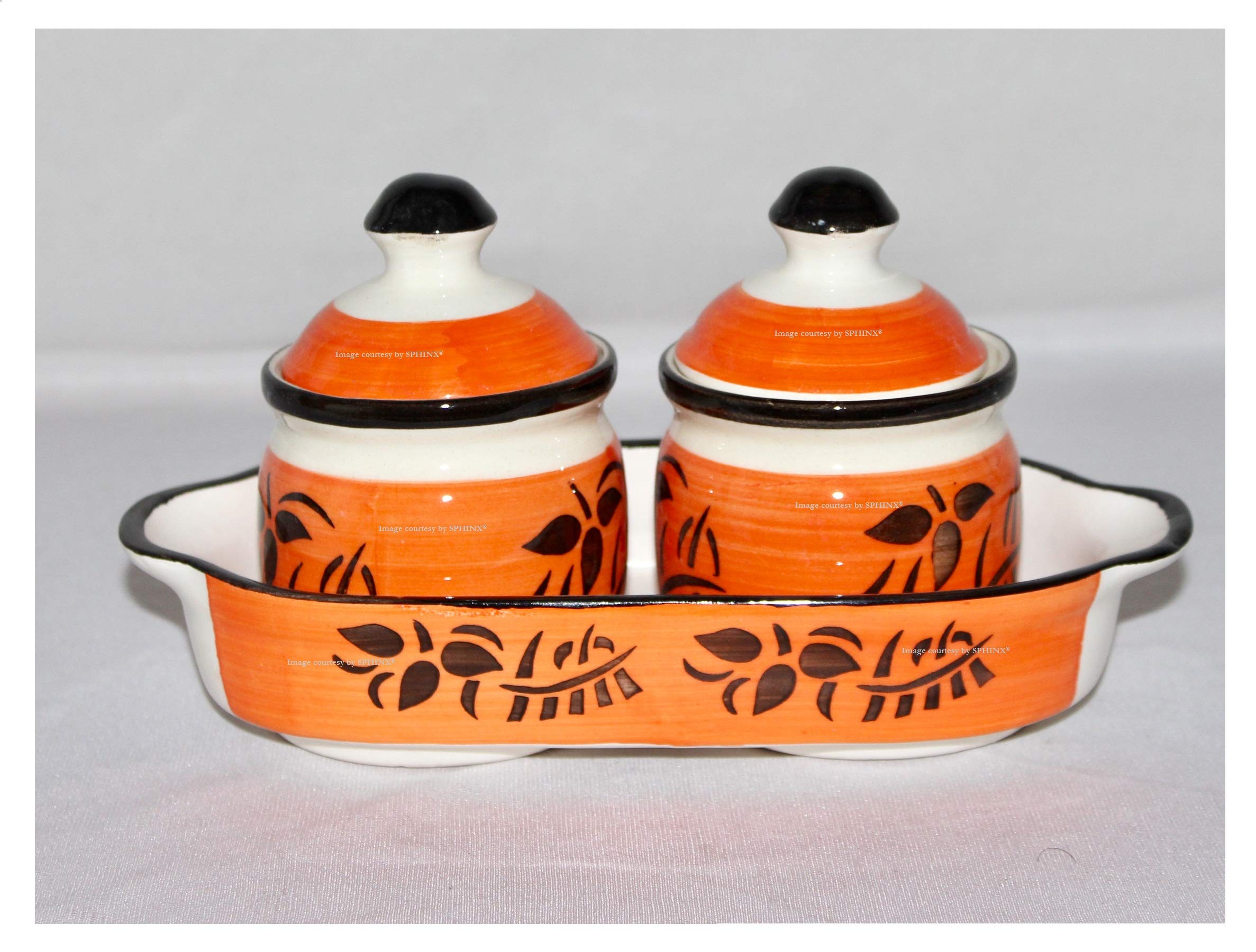 SPHINX Table Top Stoneware Ceramic Pickle Jars/Achaar Martban/Barni set - 2 jars + 1 Tray- Orange
