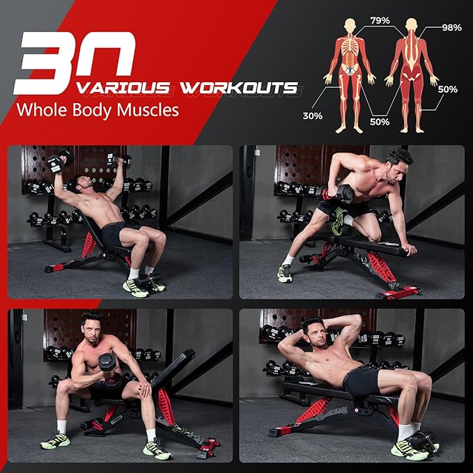 Pooboo Weight Bench, Adjustable Workout Bench for Home, 1500LBS Weight Capacity Heavy Duty Strength Training Bench, Flat/Incline/Decline Positions for Full Body Workout