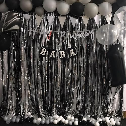 Miniatura 9 de CANREVEL Paquete de 2 cortinas de telón de fondo de flecos de aluminio negro de 3.3 x 8.2 pies, serpentinas de oropel, decoraciones de fiesta de